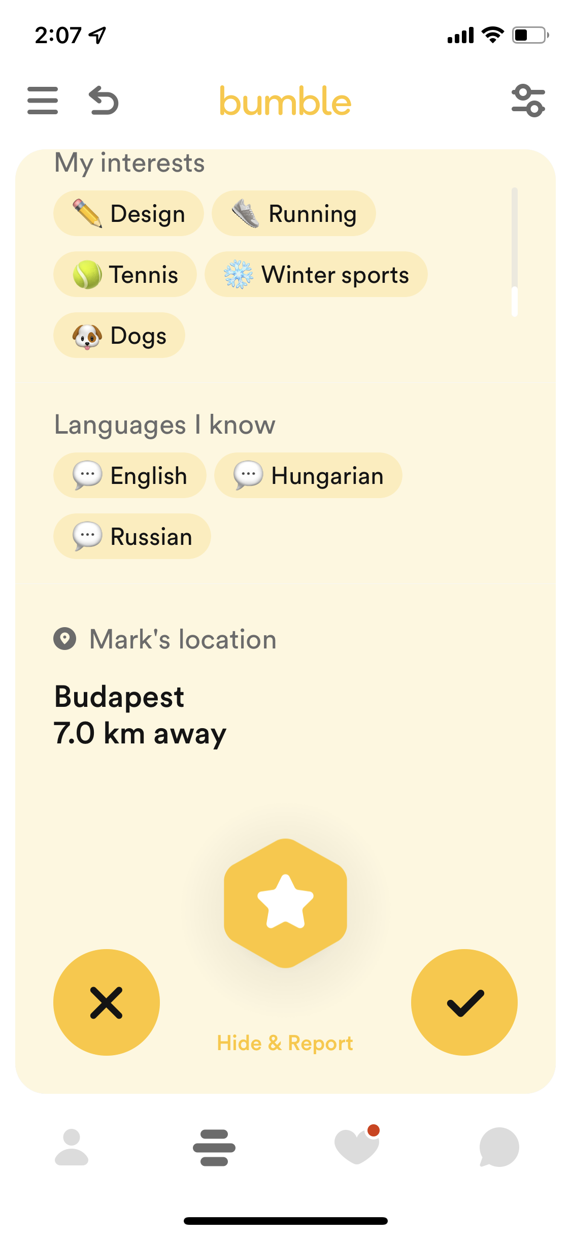 Screenshot of Profile on Finding a match on Bumble user flow