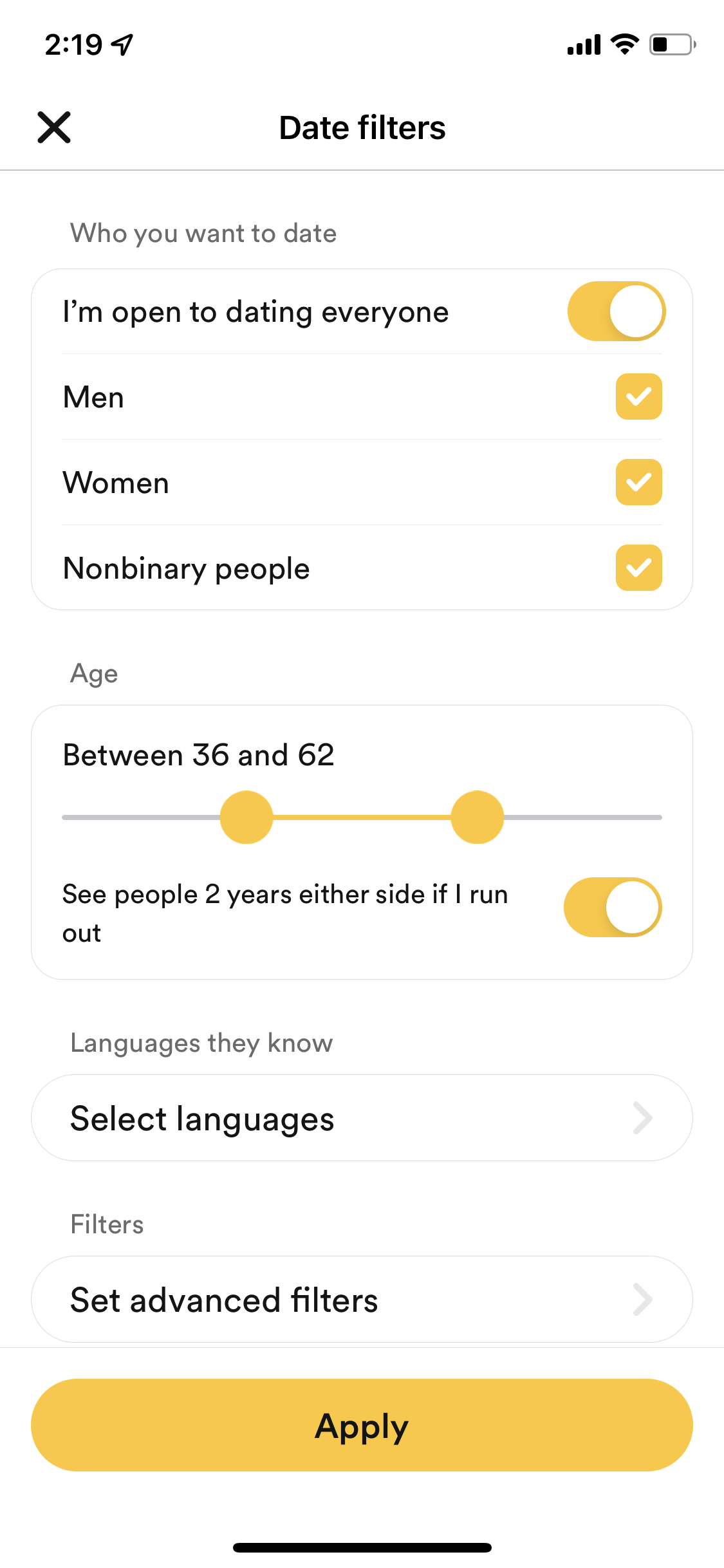 Screenshot of Filter on Filtering on Bumble user flow