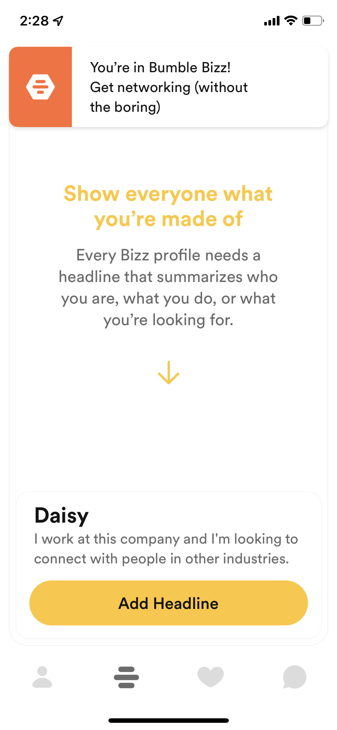 Screenshot of Add headline on Business sign up on Bumble user flow