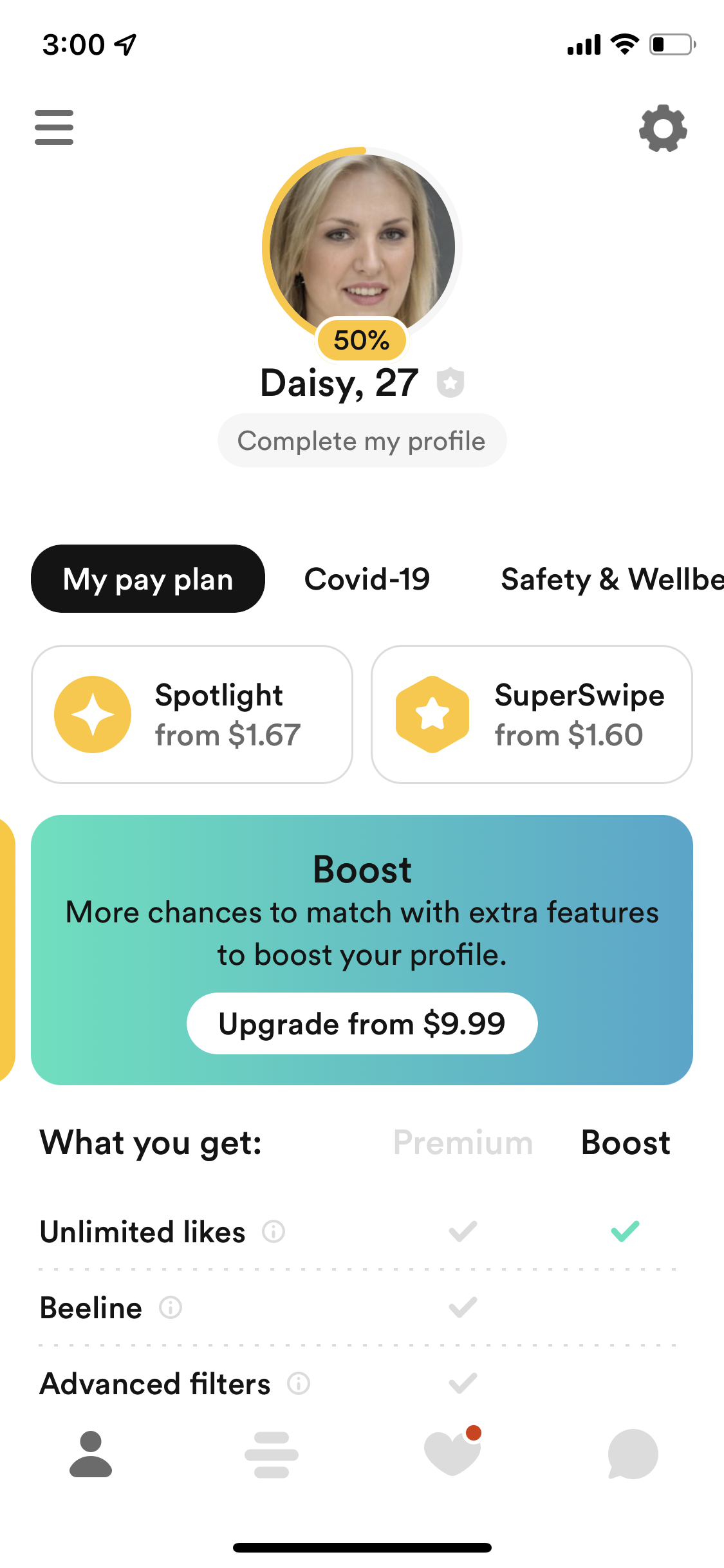 Screenshot of Account on Upgrading your account on Bumble user flow