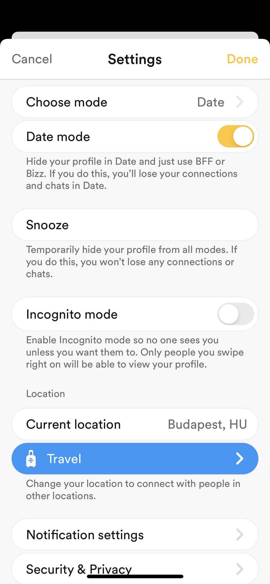 Screenshot of Settings on Deleting your account on Bumble user flow