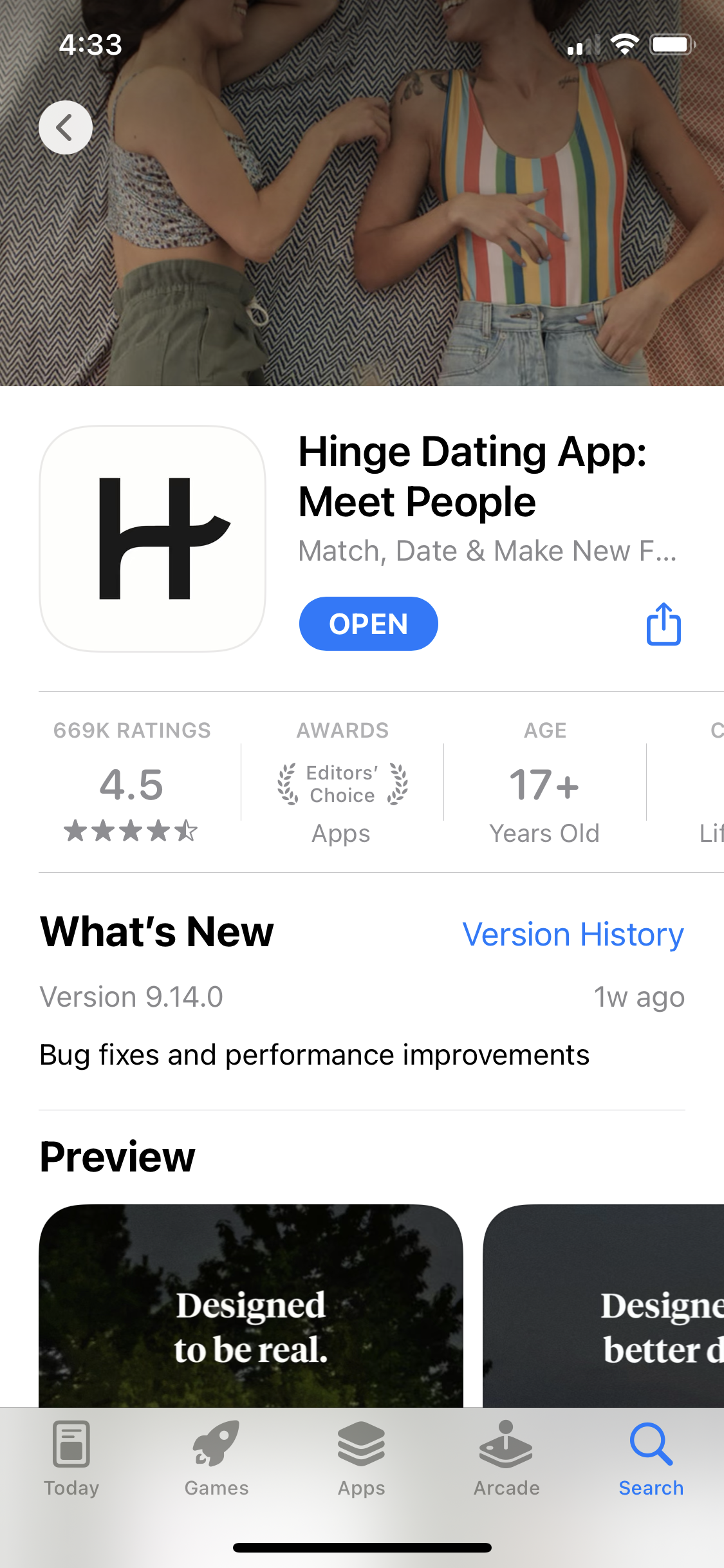 Screenshot of App store listing on Onboarding on Hinge user flow