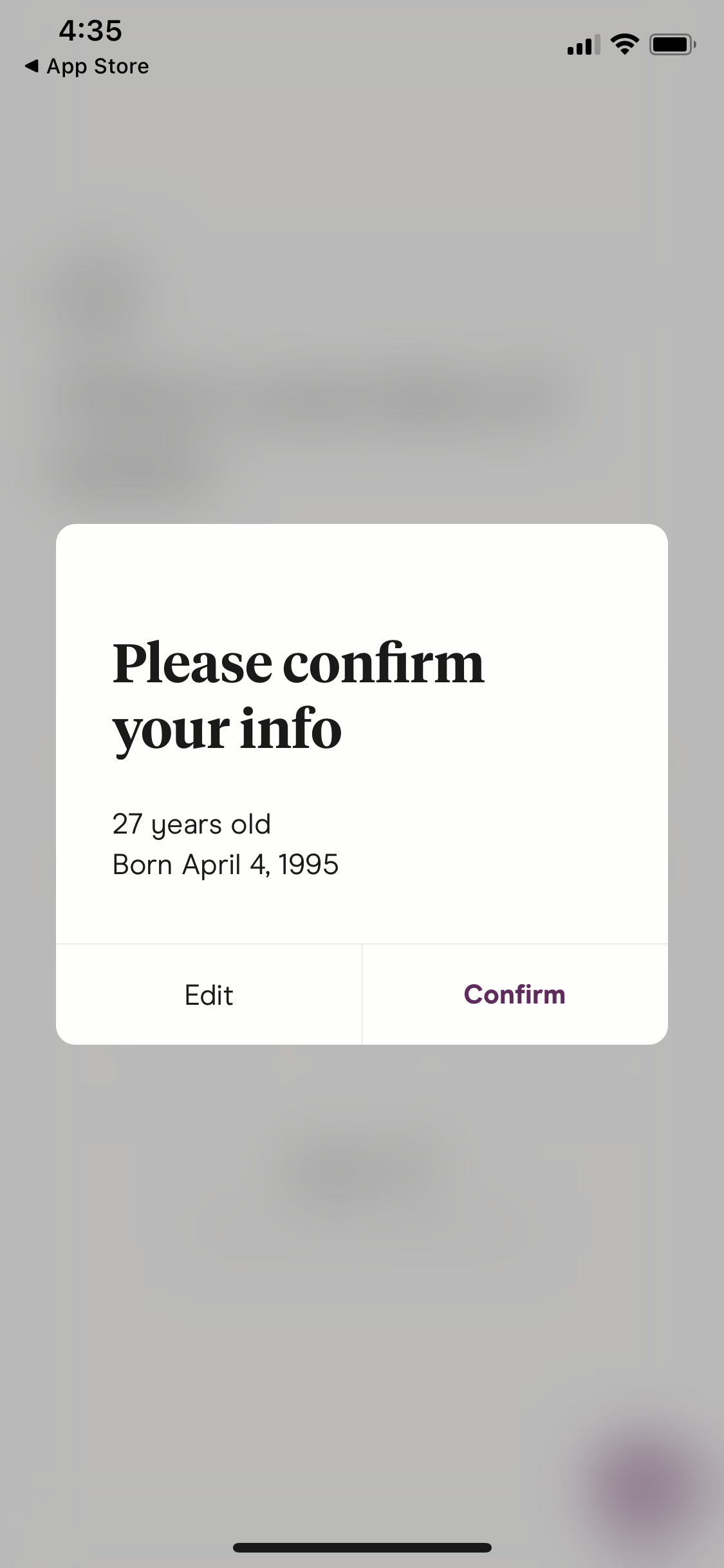 Hinge confirm date of birth screenshot