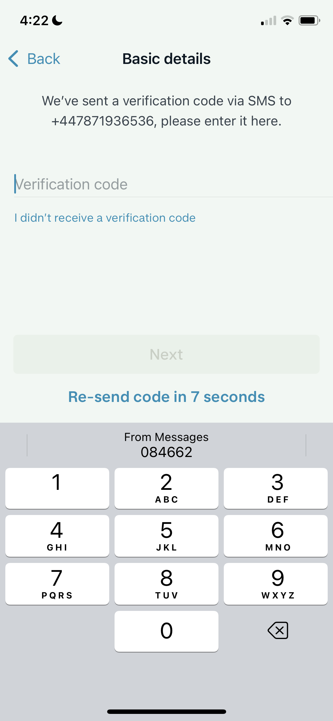 Monzo verify phone number screenshot