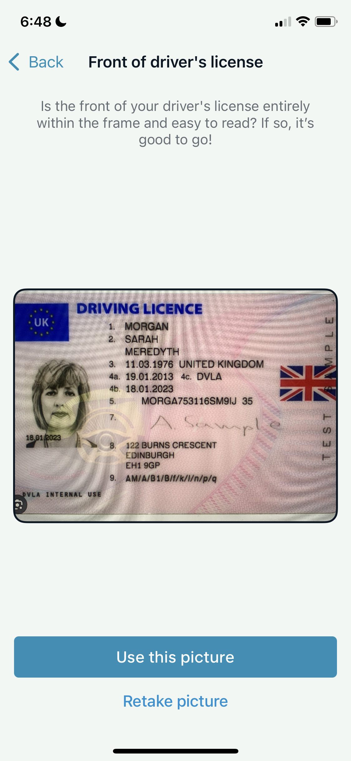 Monzo add driver's licence photo screenshot
