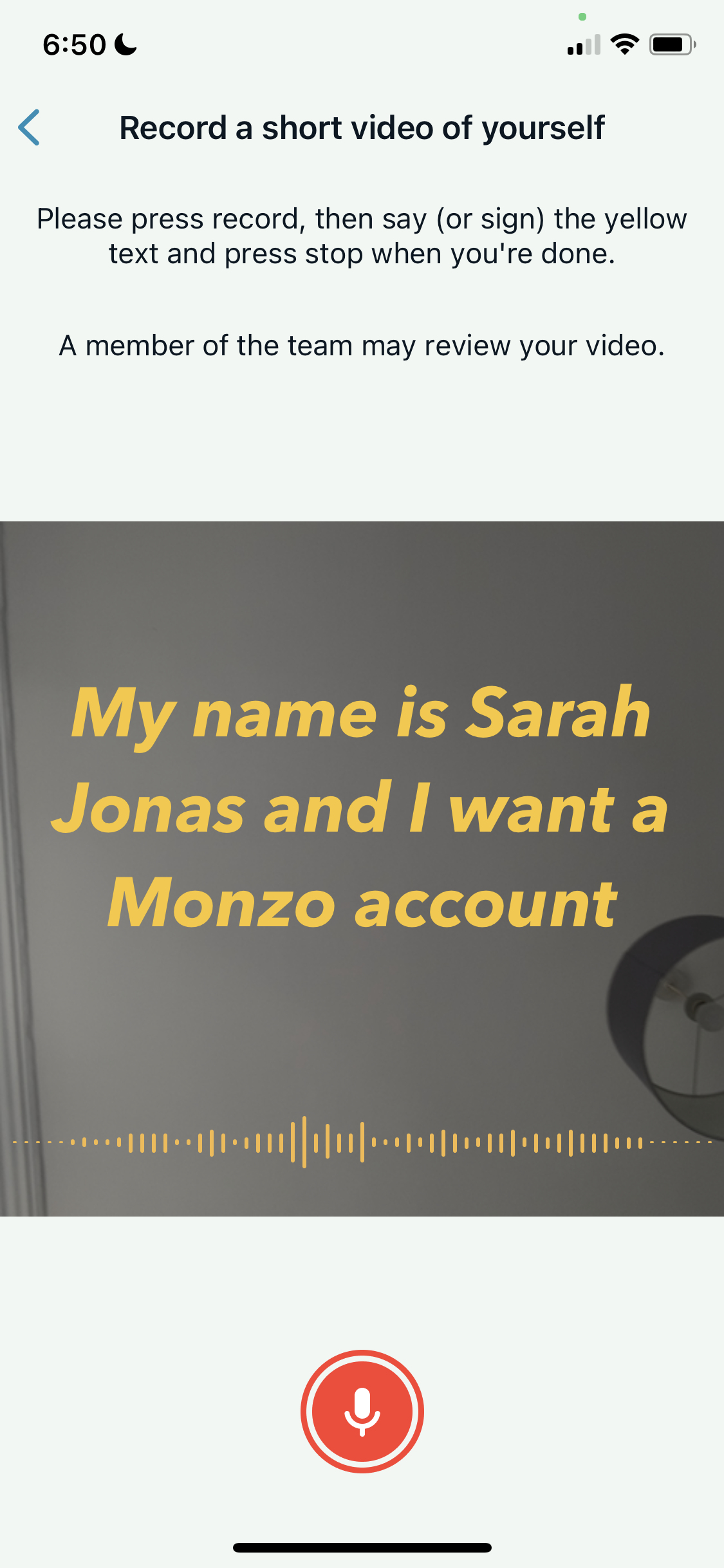 Monzo record video of self screenshot