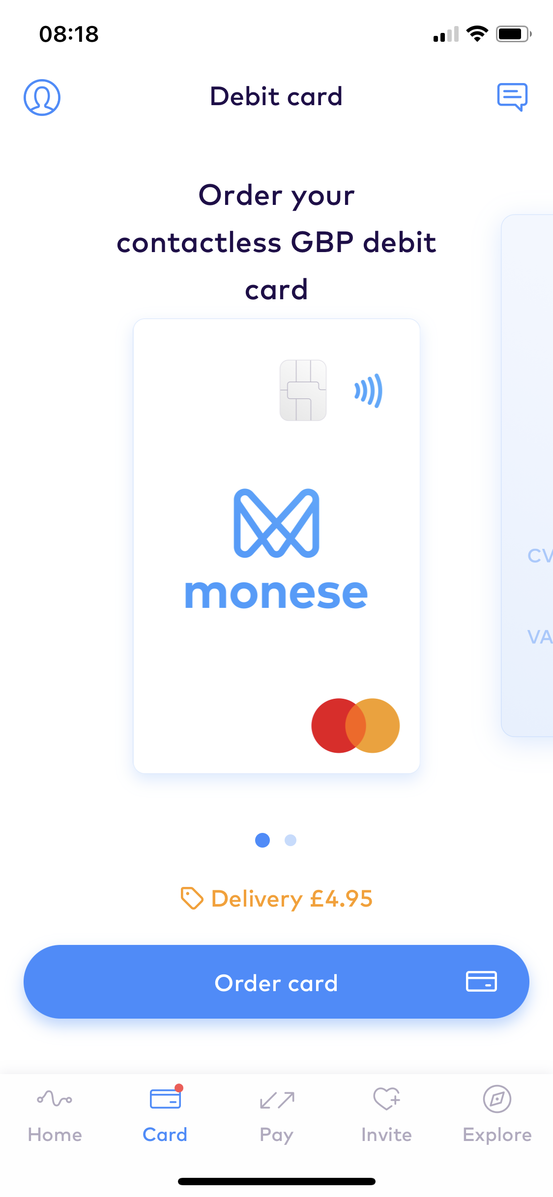 Screenshot of Order card on Ordering a debit card on Monese user flow