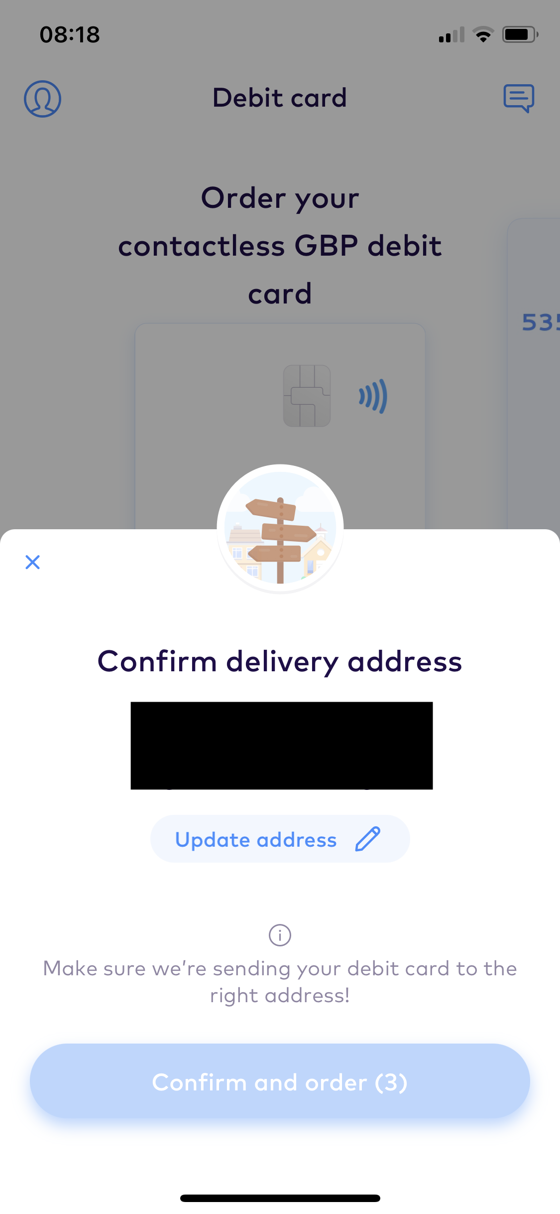 Screenshot of Confirm address on Ordering a debit card on Monese user flow