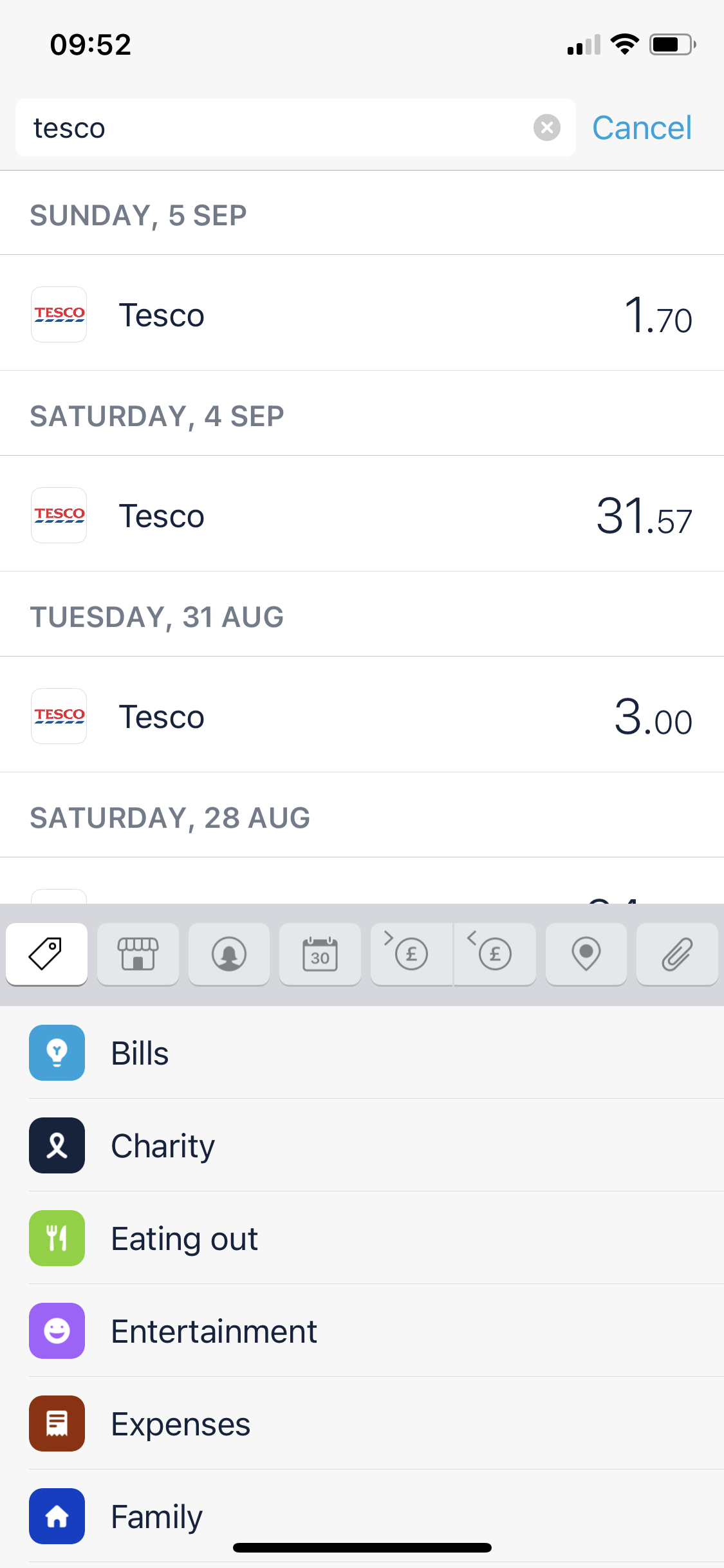 Screenshot of Add filter during Searching on Monzo user flow