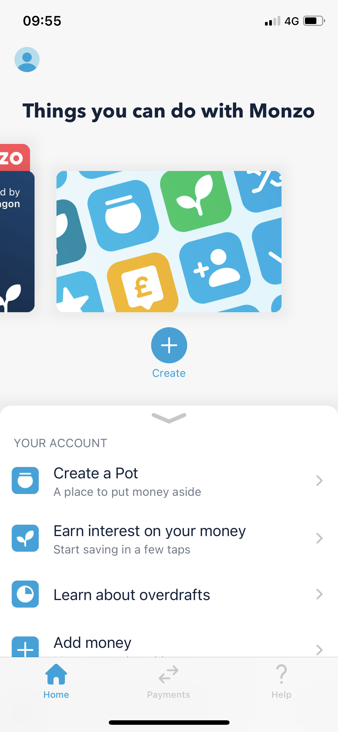 Screenshot of Things you can do on Creating a pot on Monzo user flow