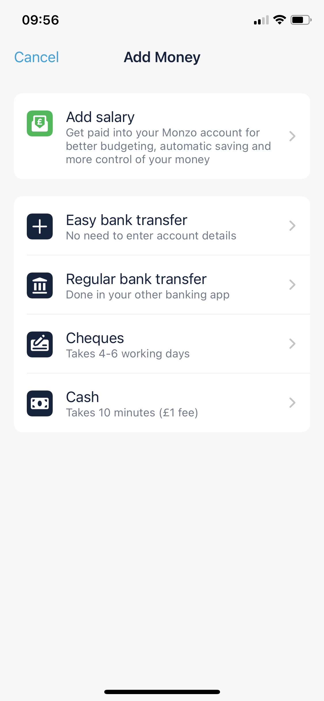 Screenshot of Add money on Depositing funds on Monzo user flow