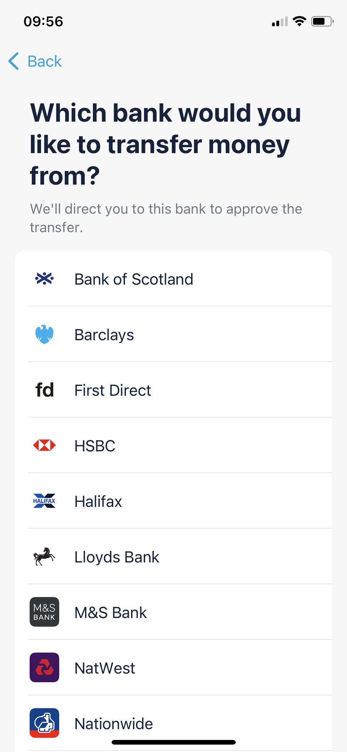 Screenshot of Select bank on Depositing funds on Monzo user flow