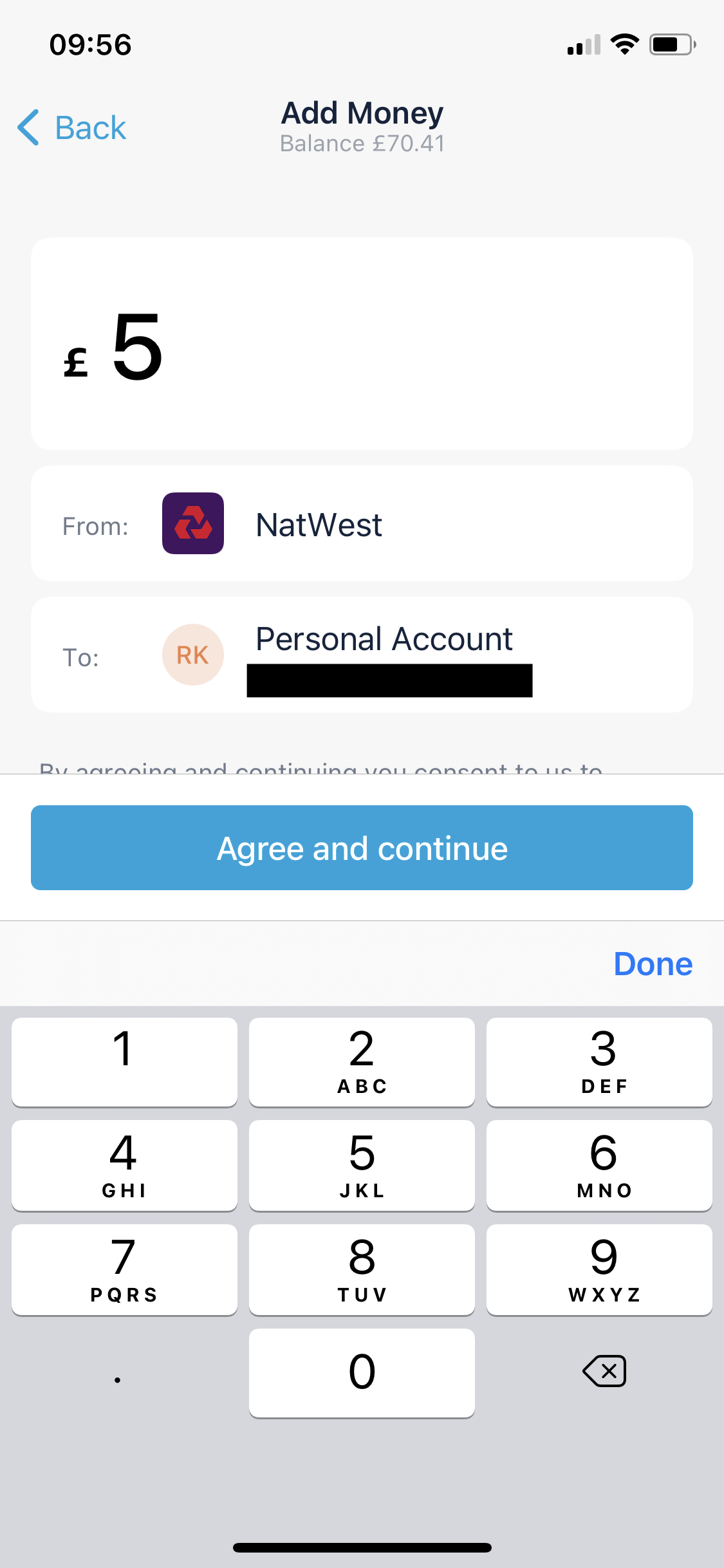 Depositing funds screenshot