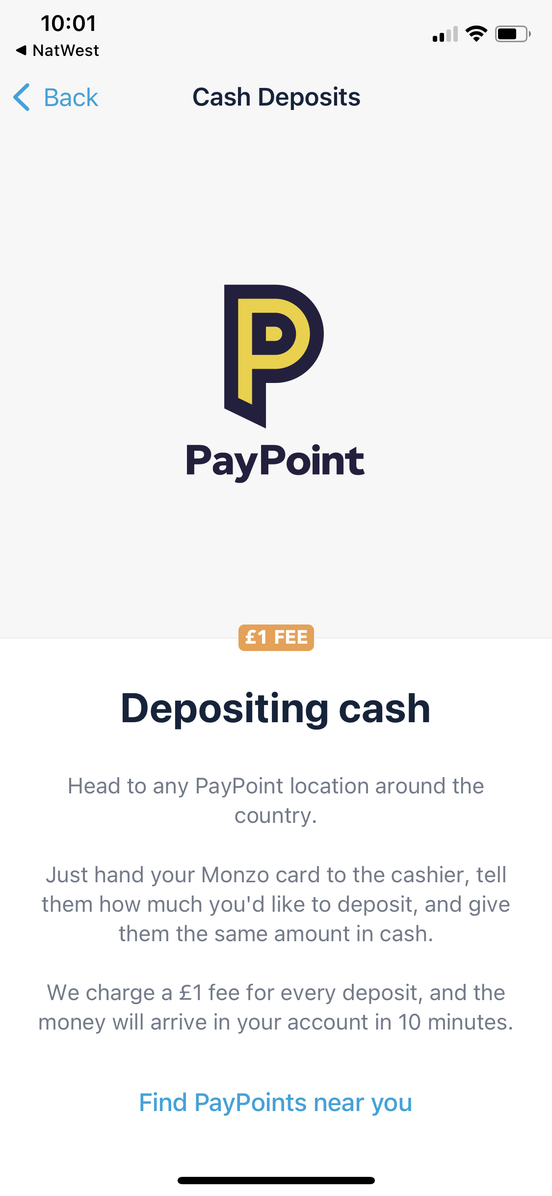 Depositing funds screenshot