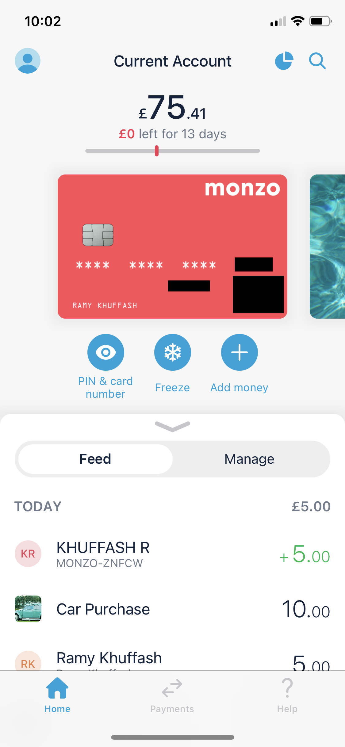 Screenshot of Home on Requesting payment on Monzo user flow