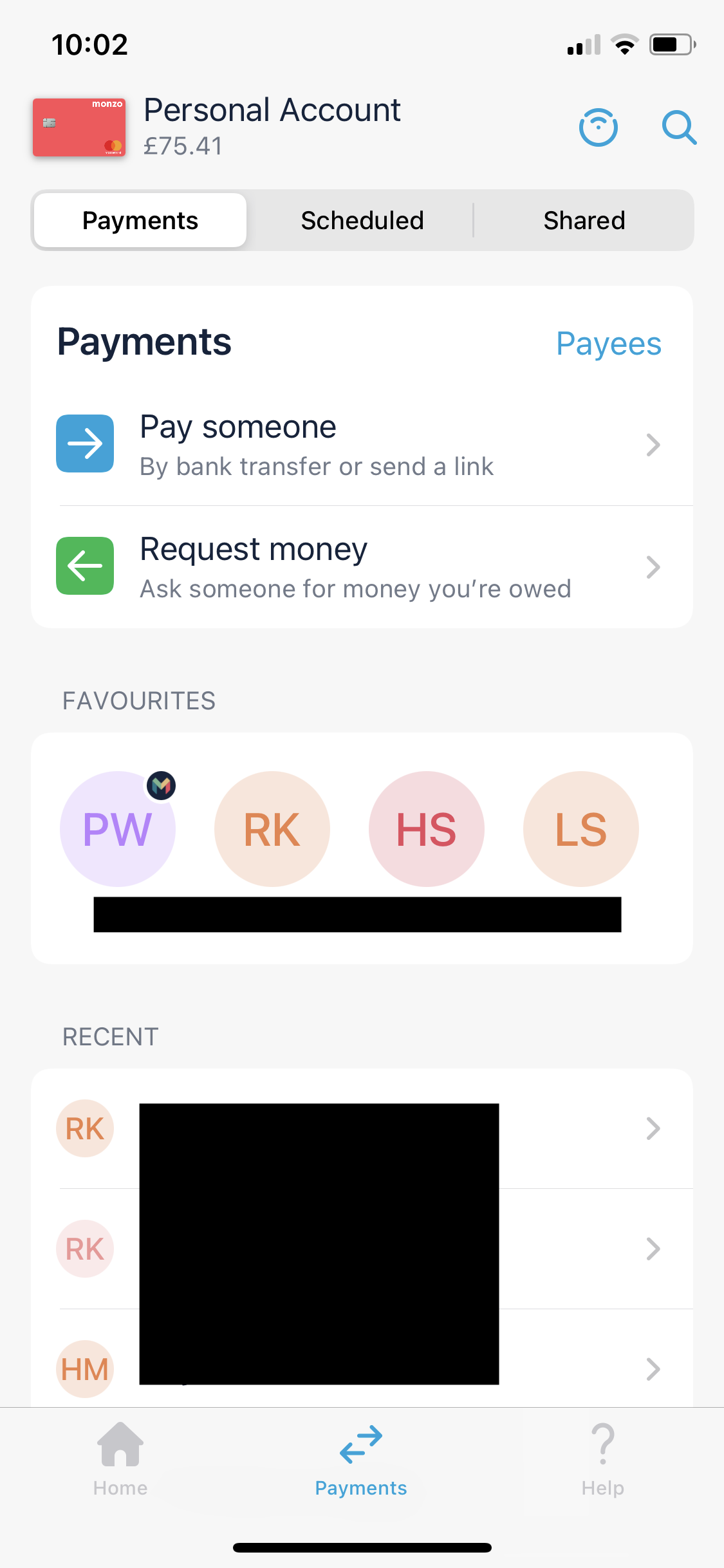 Screenshot of Payments on Requesting payment on Monzo user flow