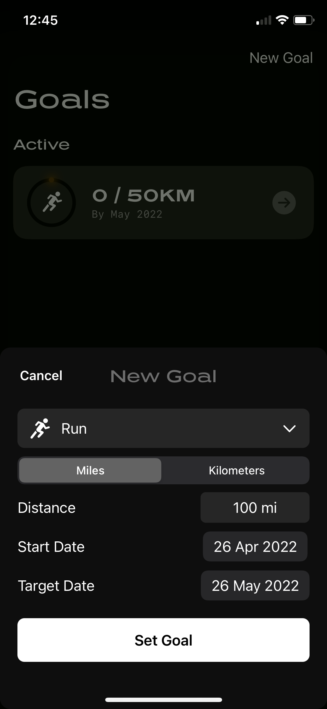 Screenshot of Set goal