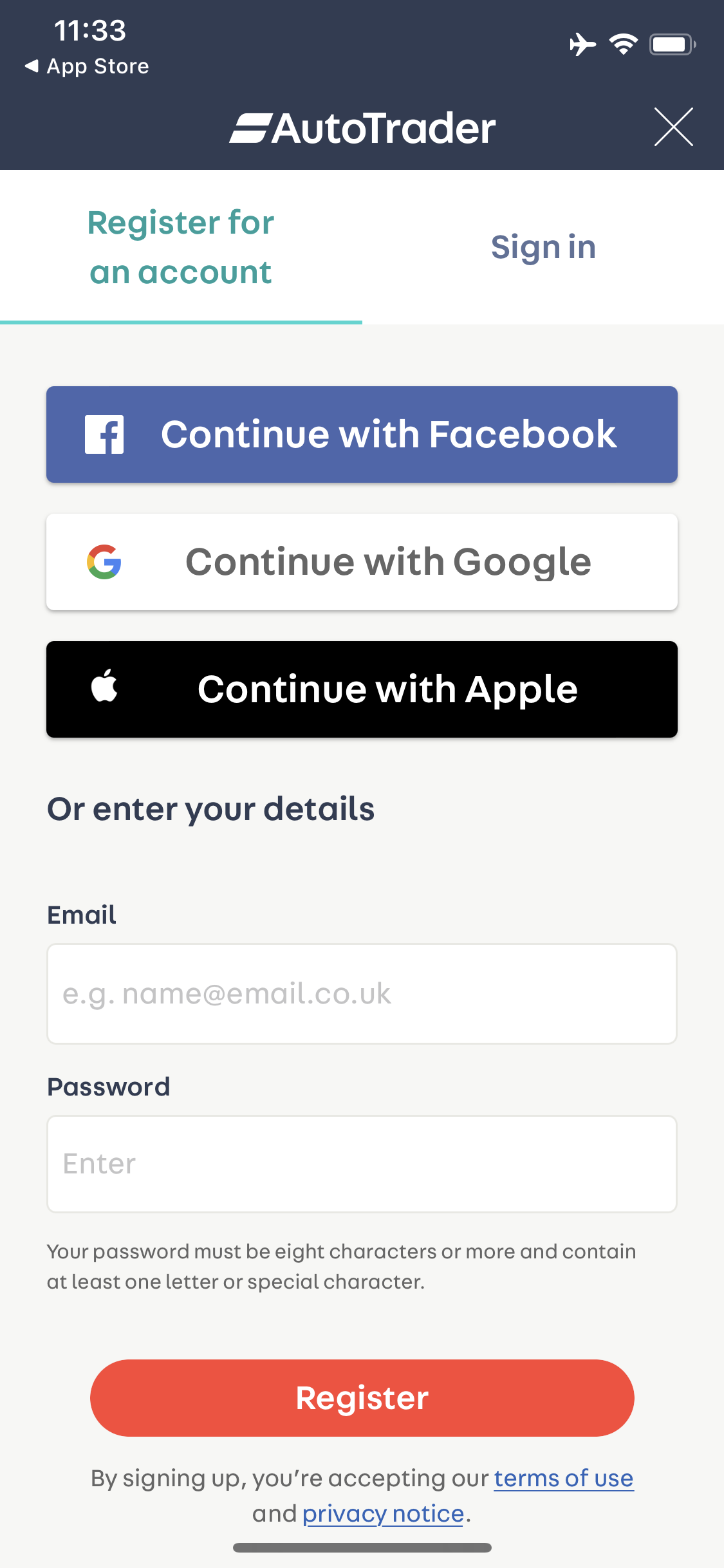 Screenshot of Sign up