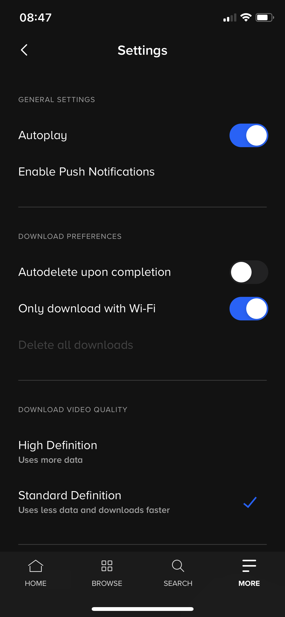 Screenshot of Settings