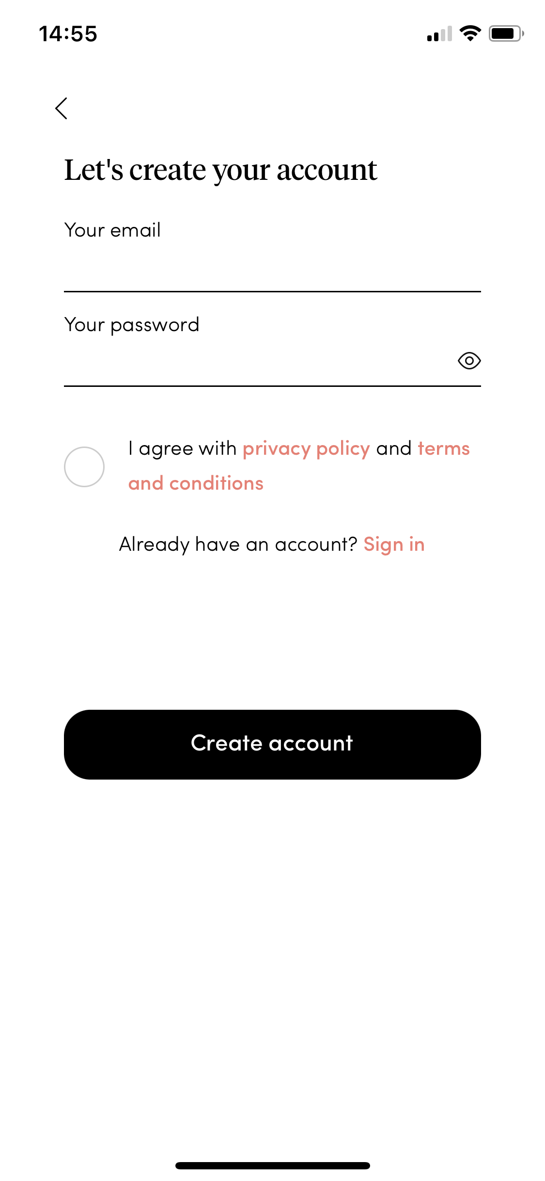 Screenshot of Sign up