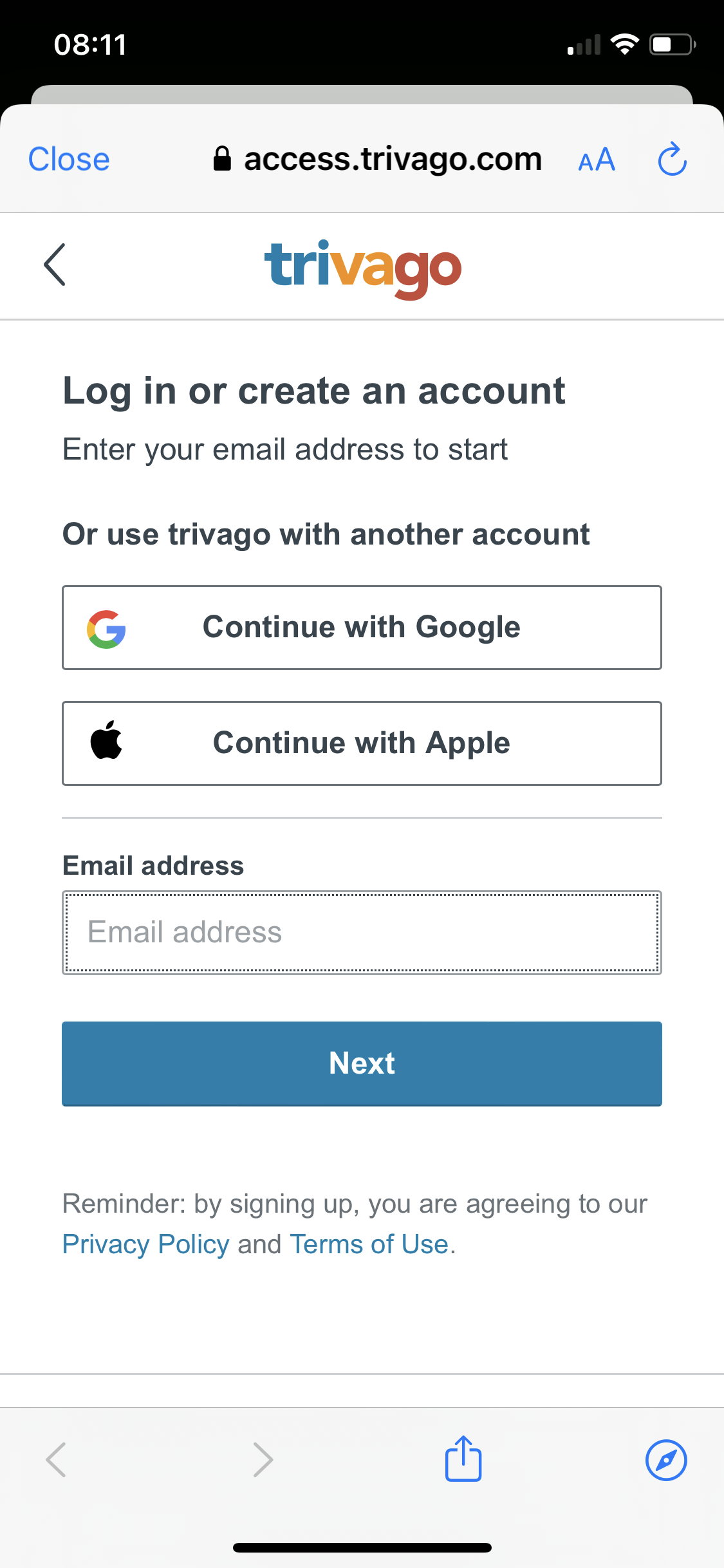 Screenshot of Log in