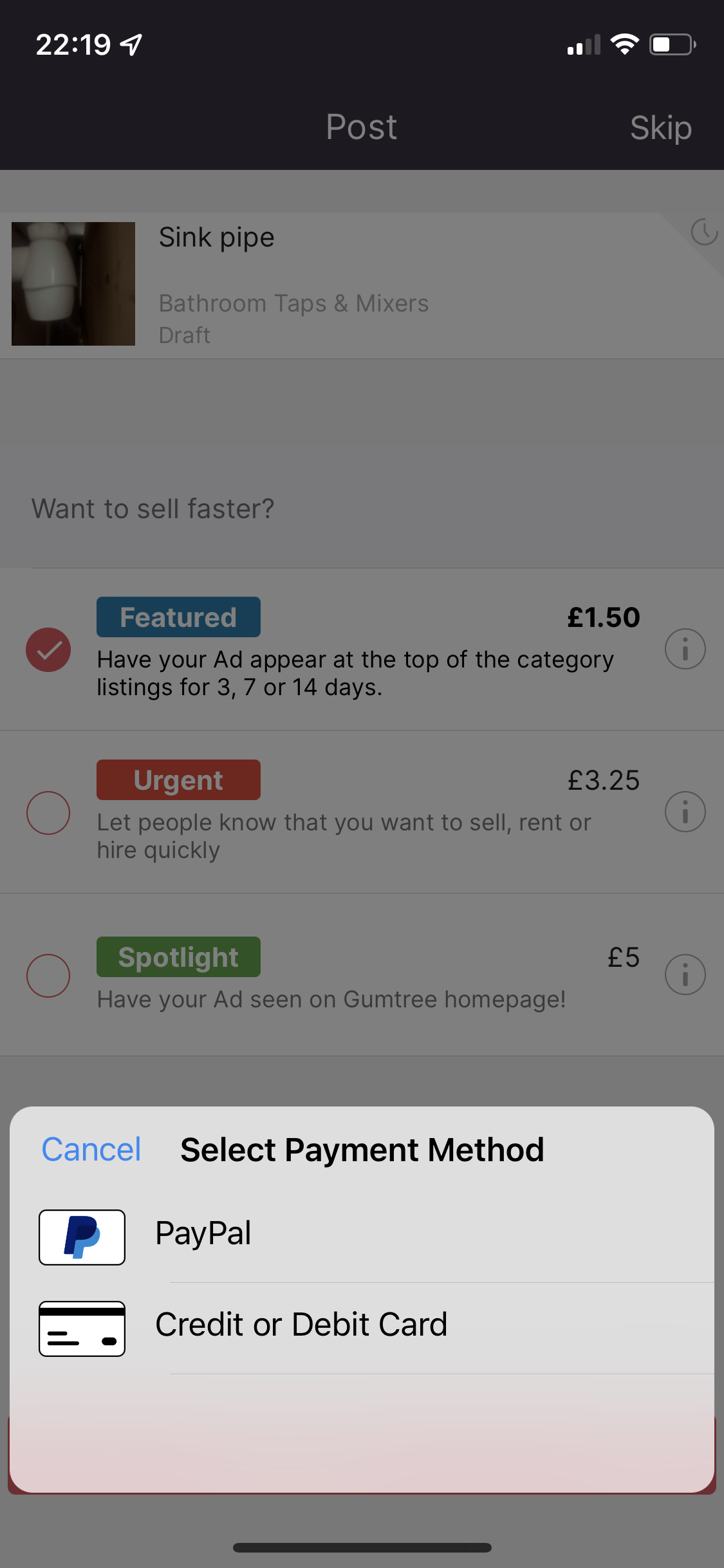 Screenshot of Select payment method