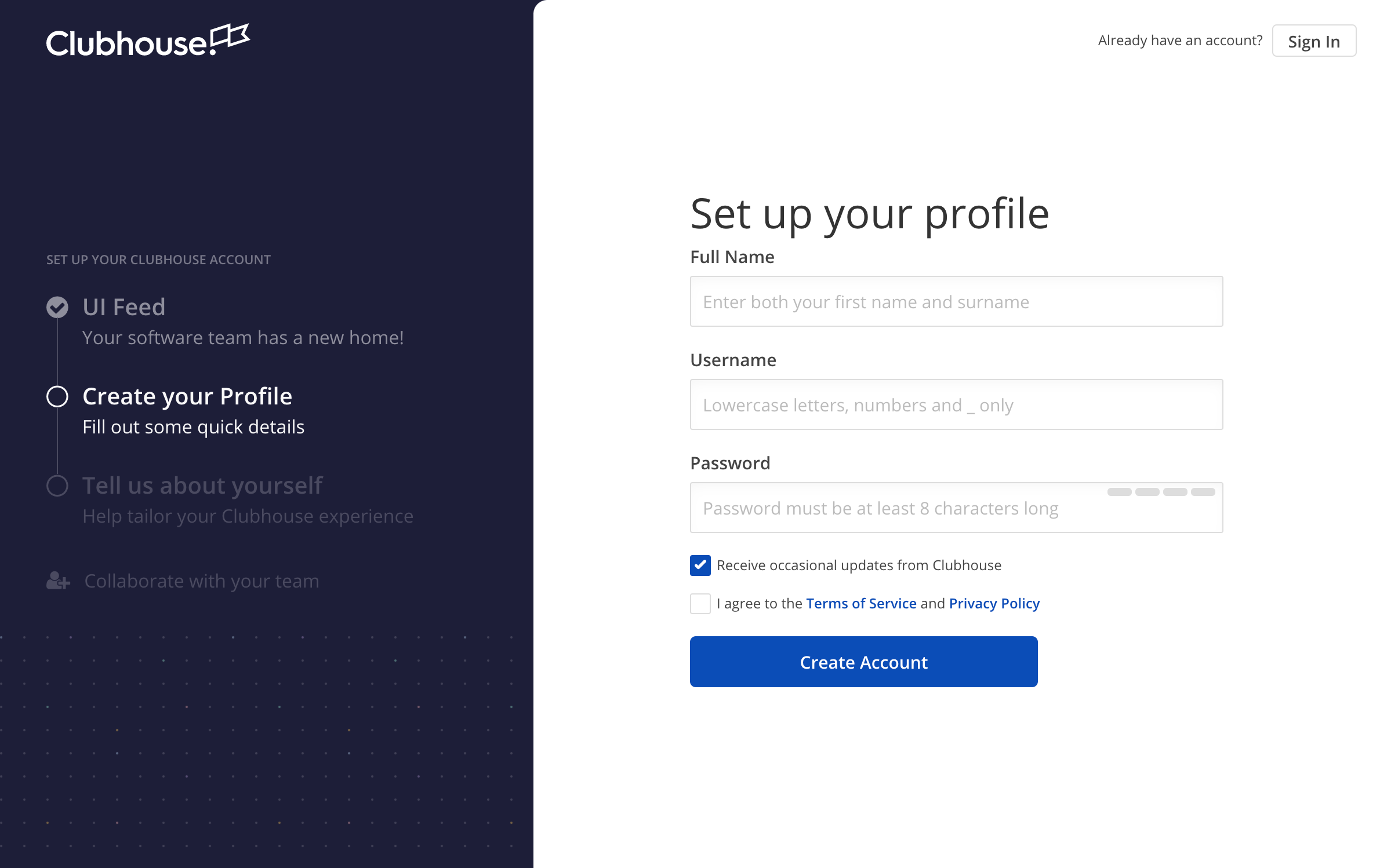 Screenshot of Create profile