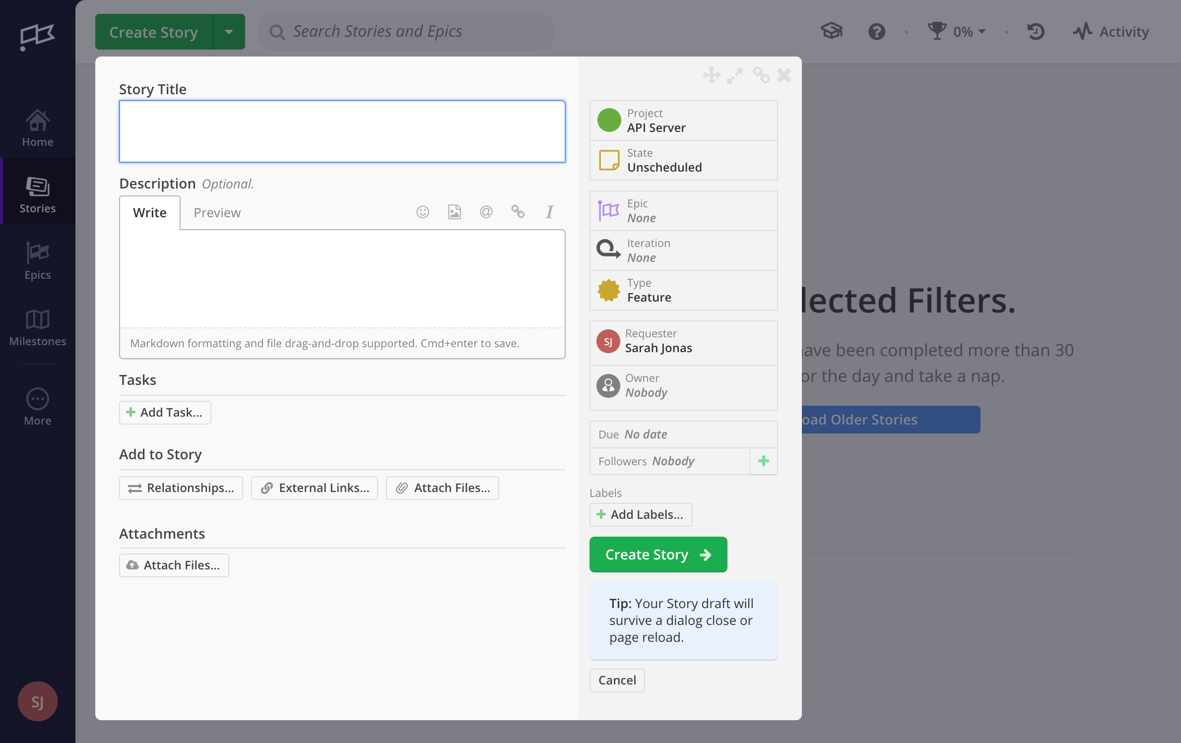 Screenshot of Create story