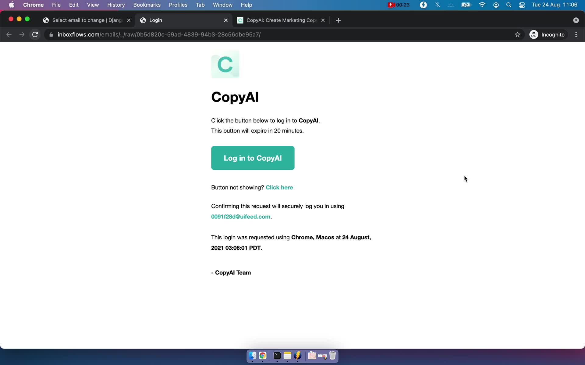 CopyAI verify email screenshot