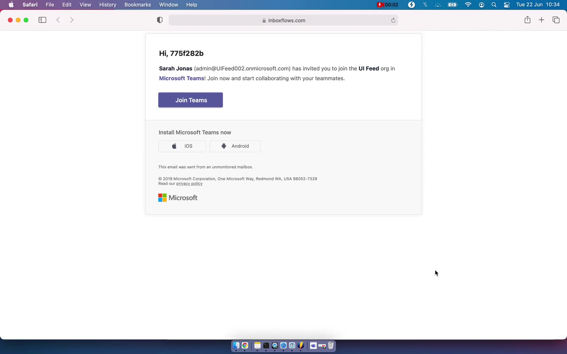 Screenshot of Invite email on Accepting an invite on Microsoft Teams user flow