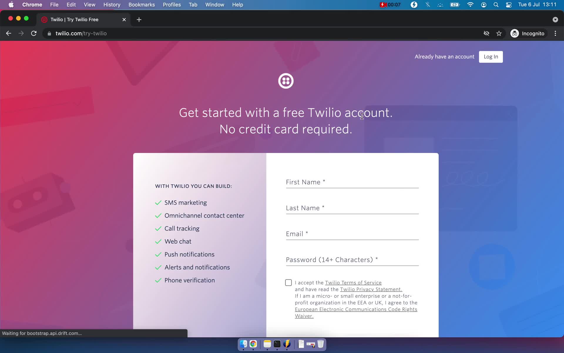Screenshot of Sign up during Onboarding on Twilio user flow