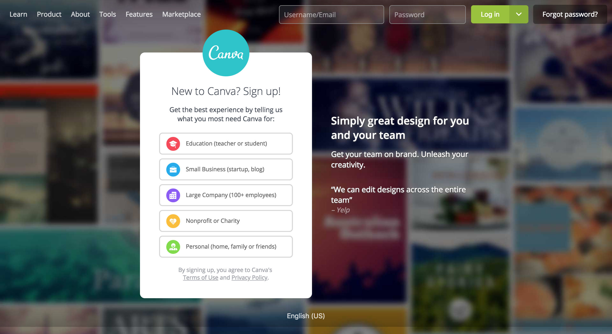 Screenshot of Landing page