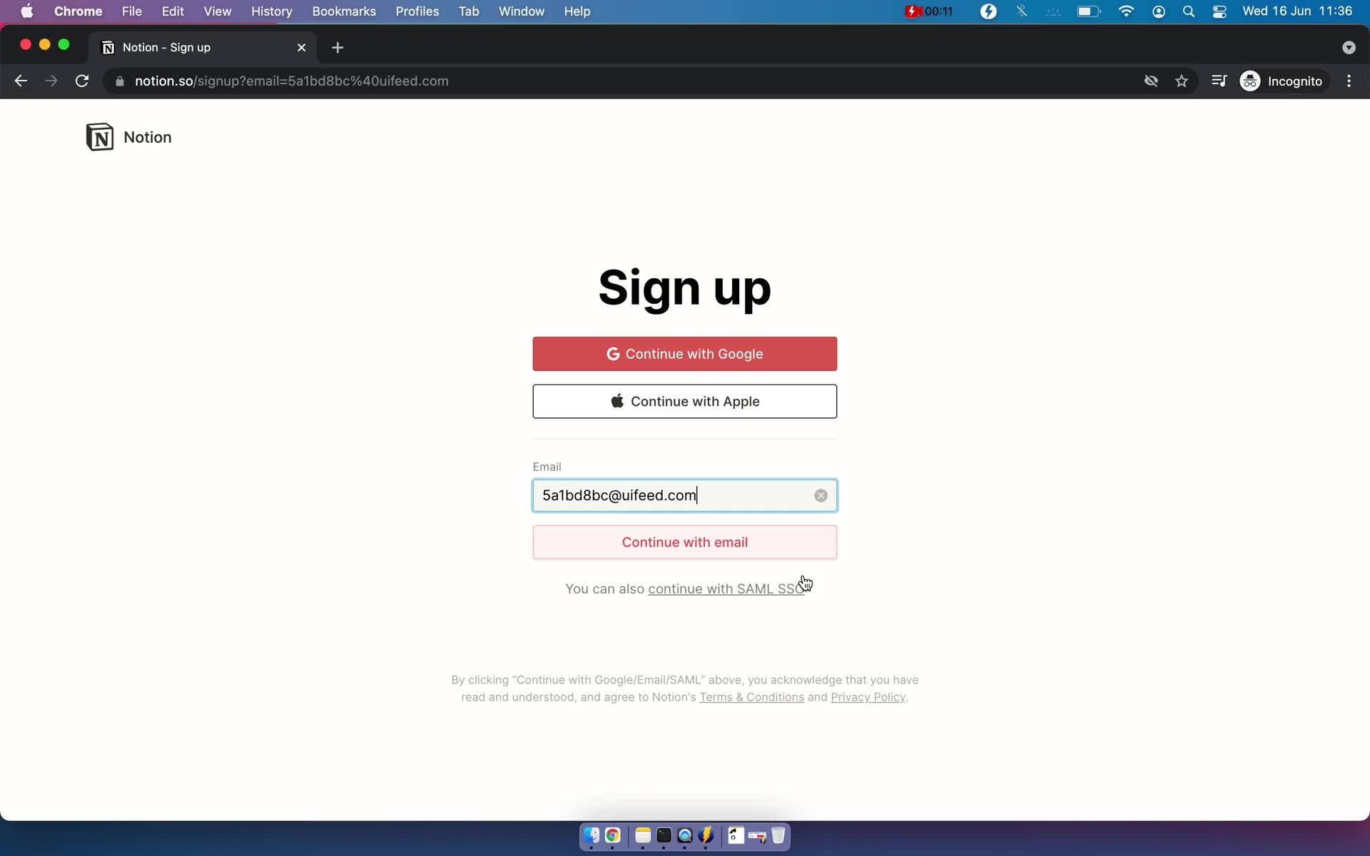 Screenshot of Sign up during Onboarding on Notion user flow