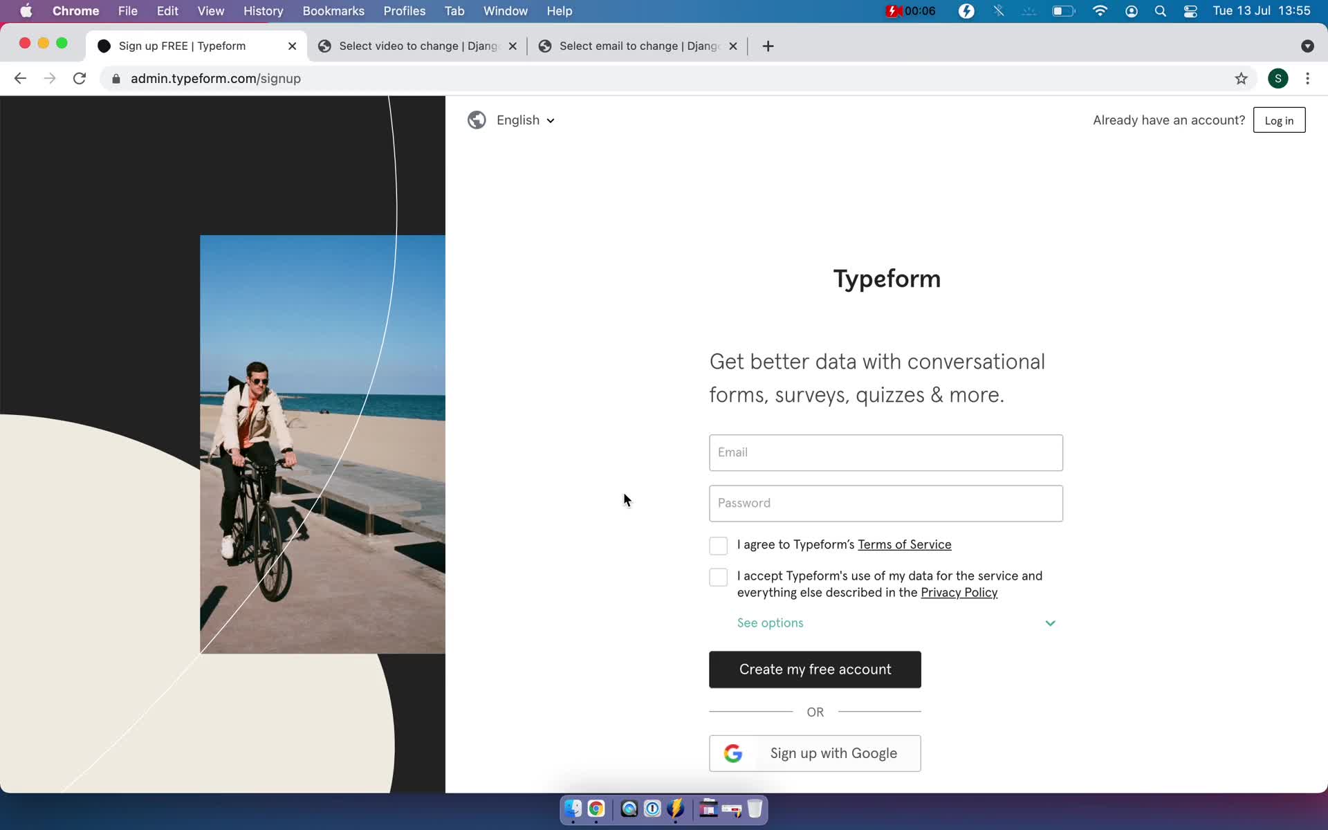 Screenshot of Sign up on Onboarding on Typeform user flow