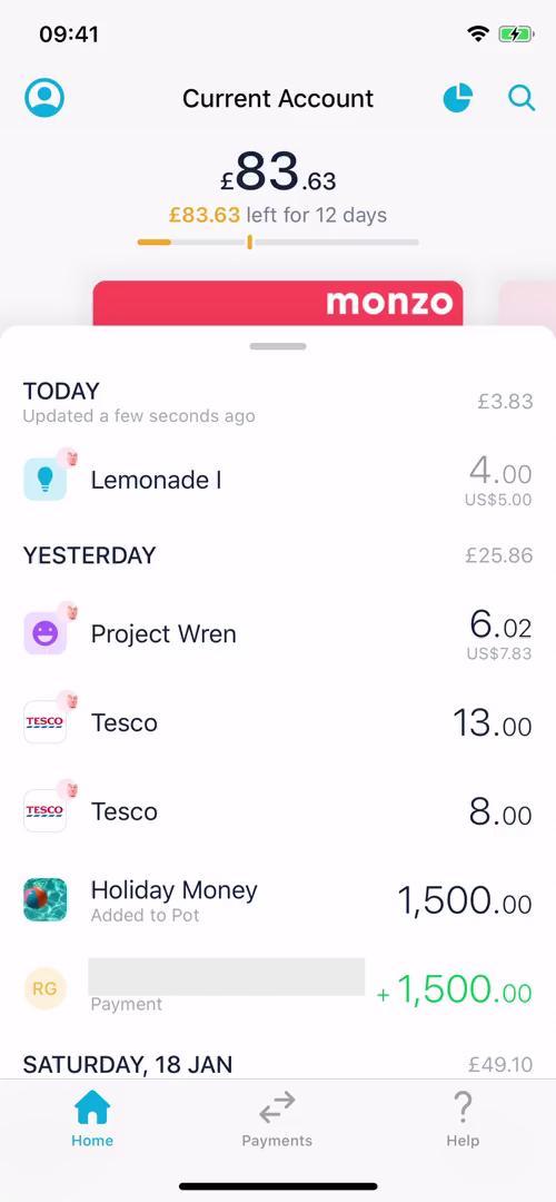Screenshot of Home on Analytics/Stats on Monzo user flow