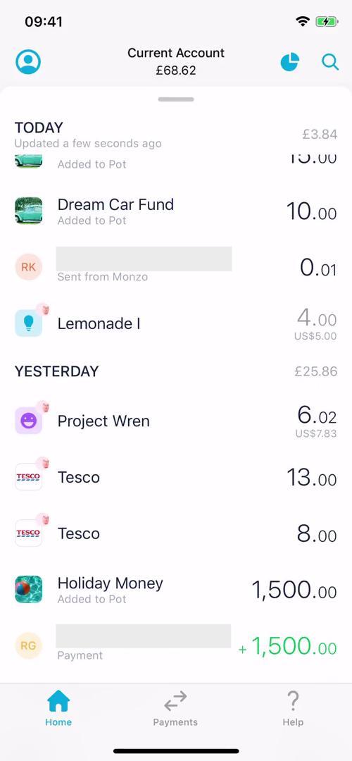 Screenshot of Activity feed on Activity feed on Monzo user flow