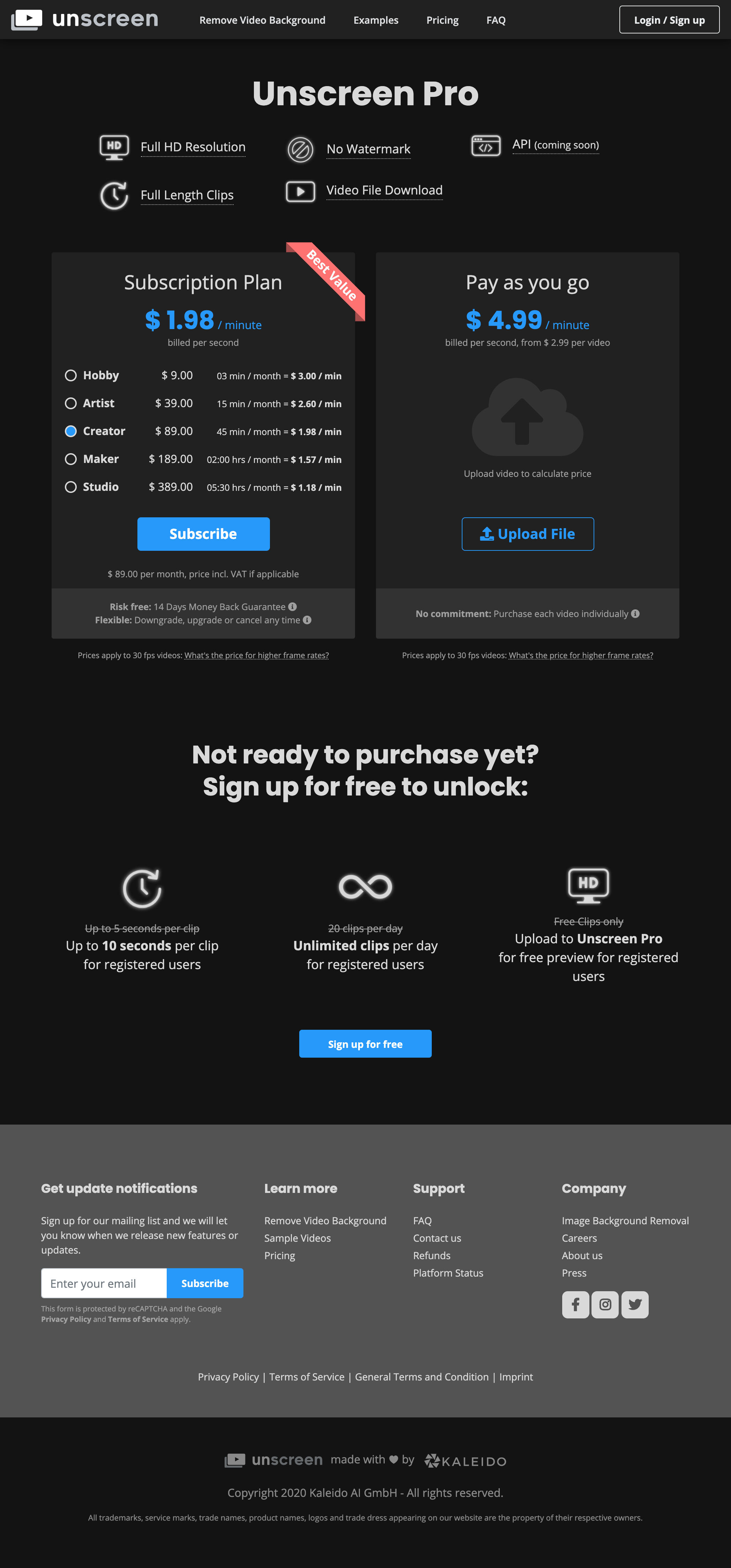 Screenshot of Pricing