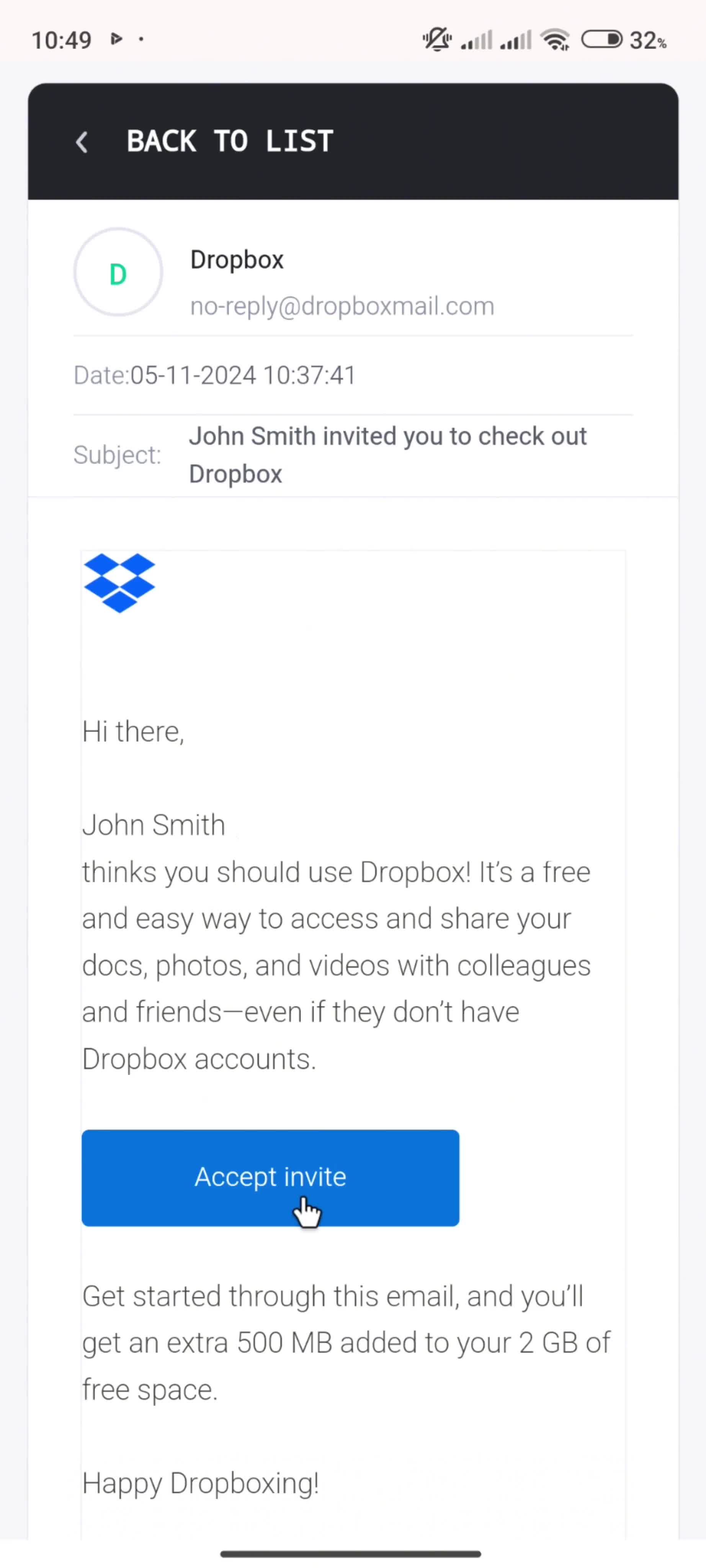 Accepting an invite screenshot