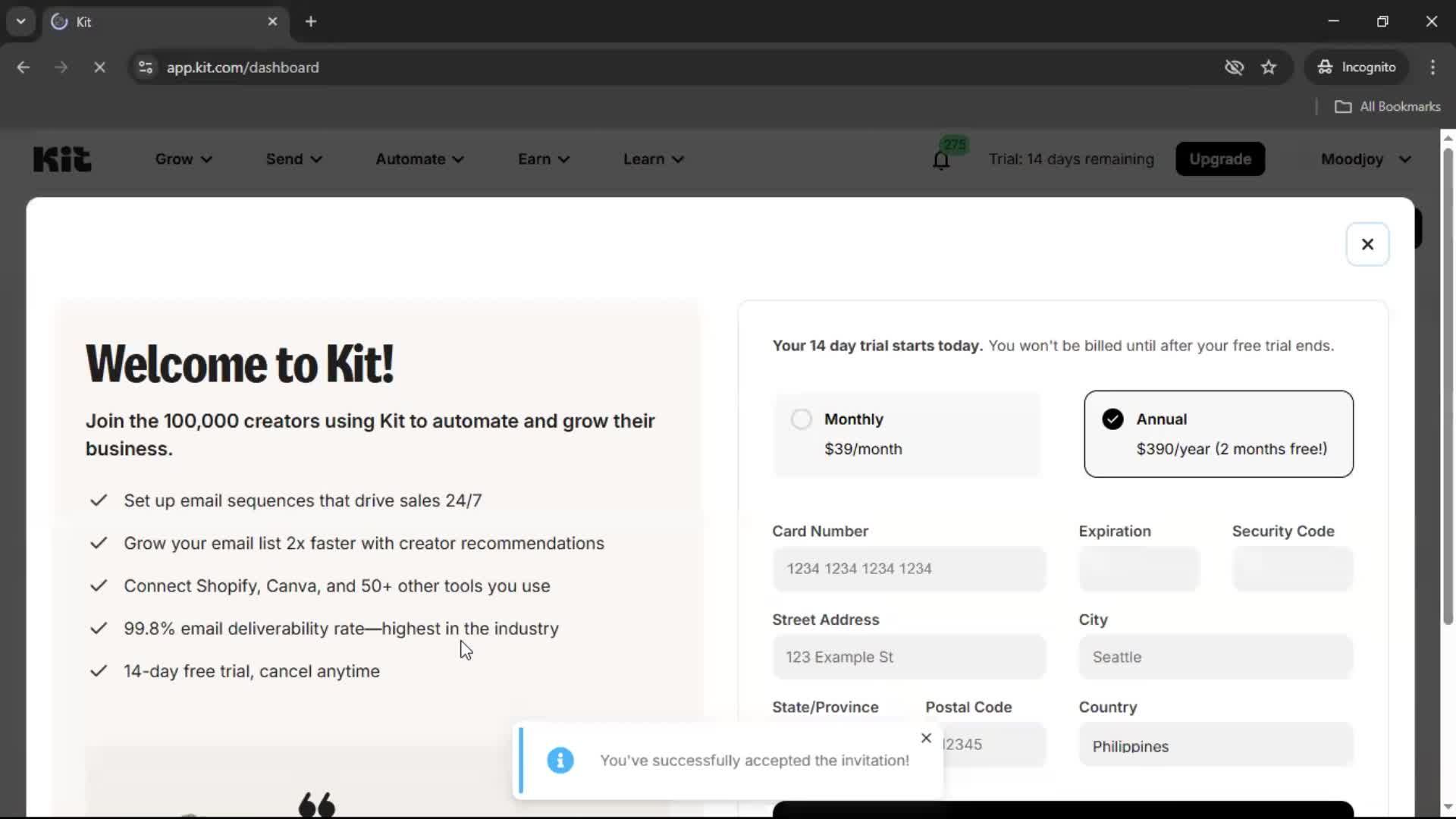 Accepting an invite screenshot