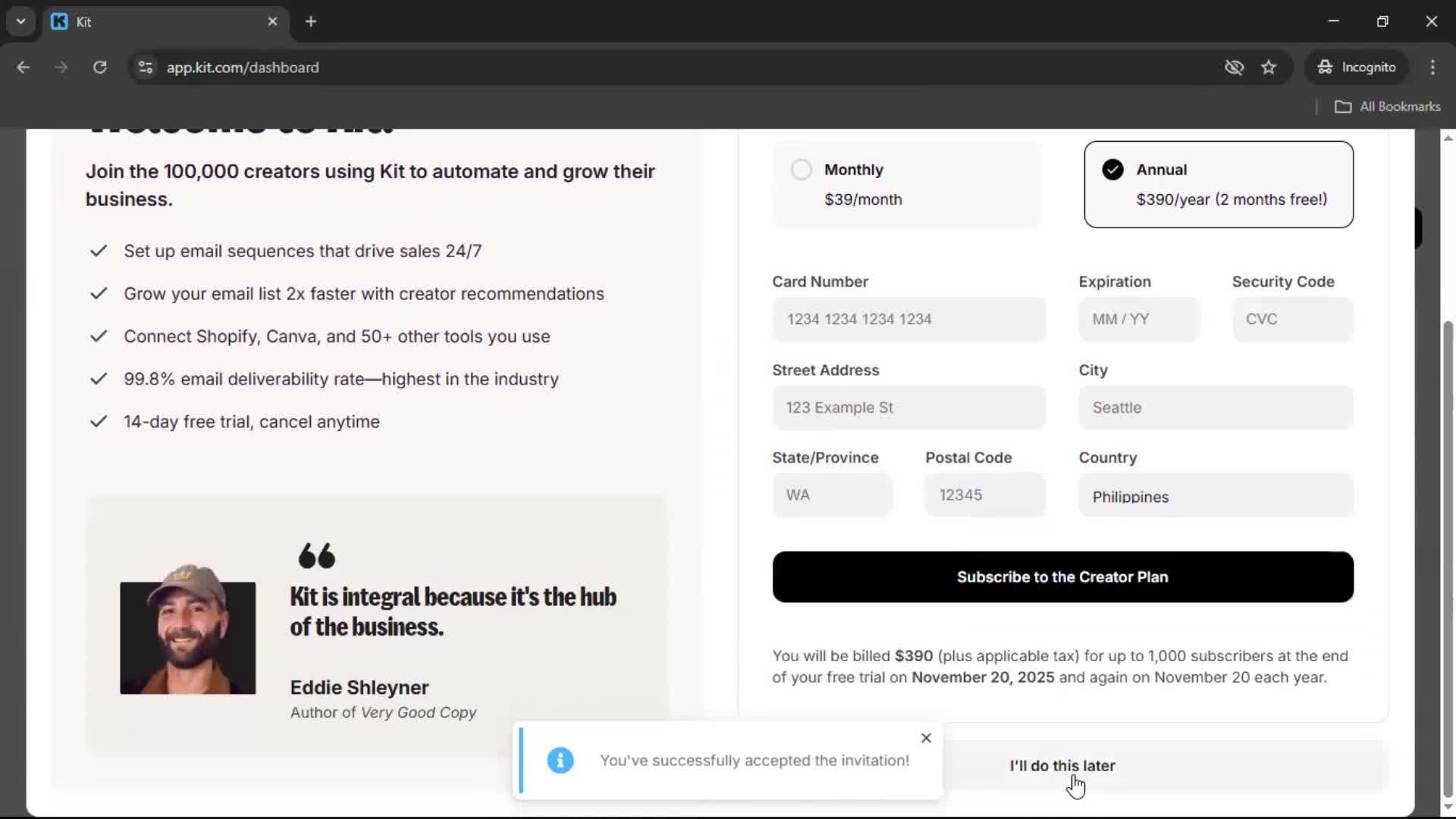 Accepting an invite screenshot