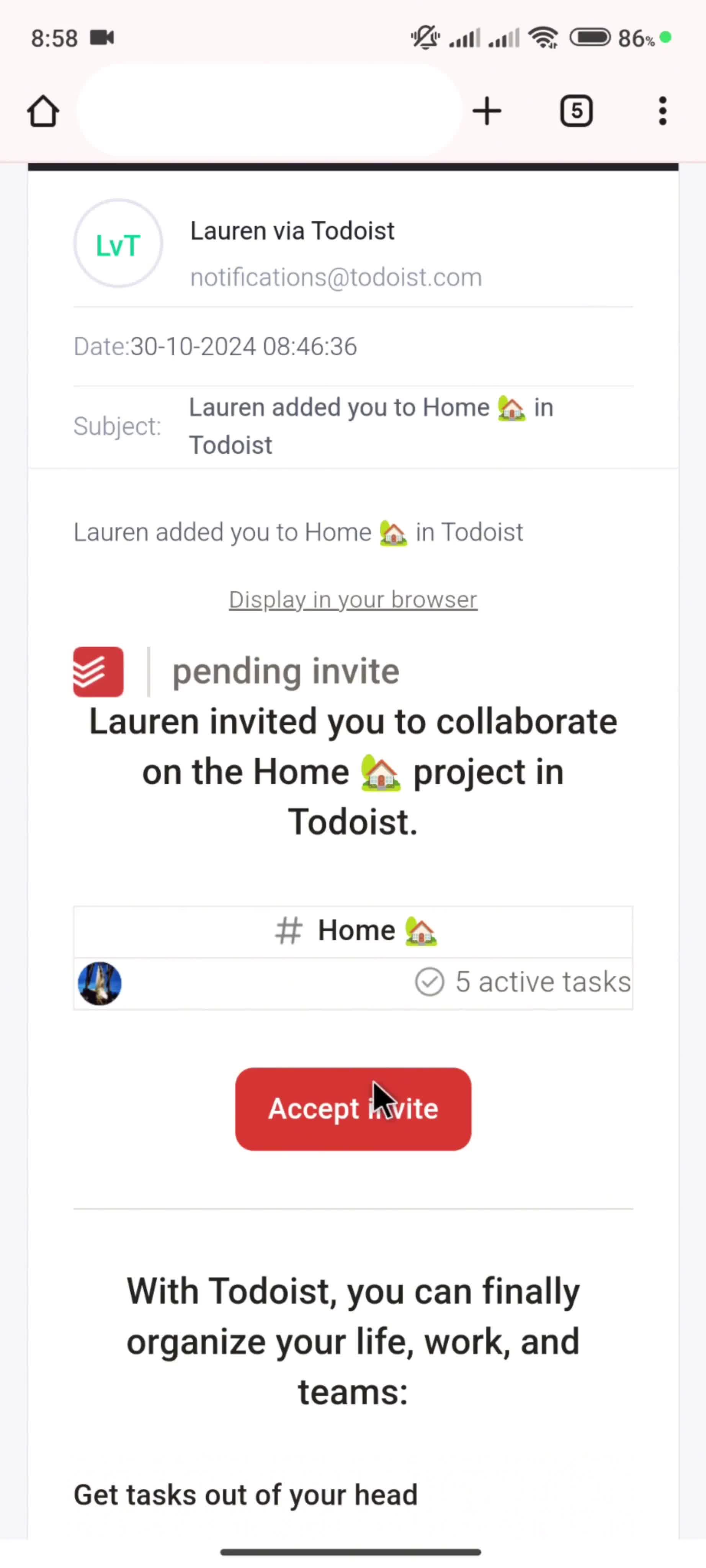 Accepting an invite screenshot
