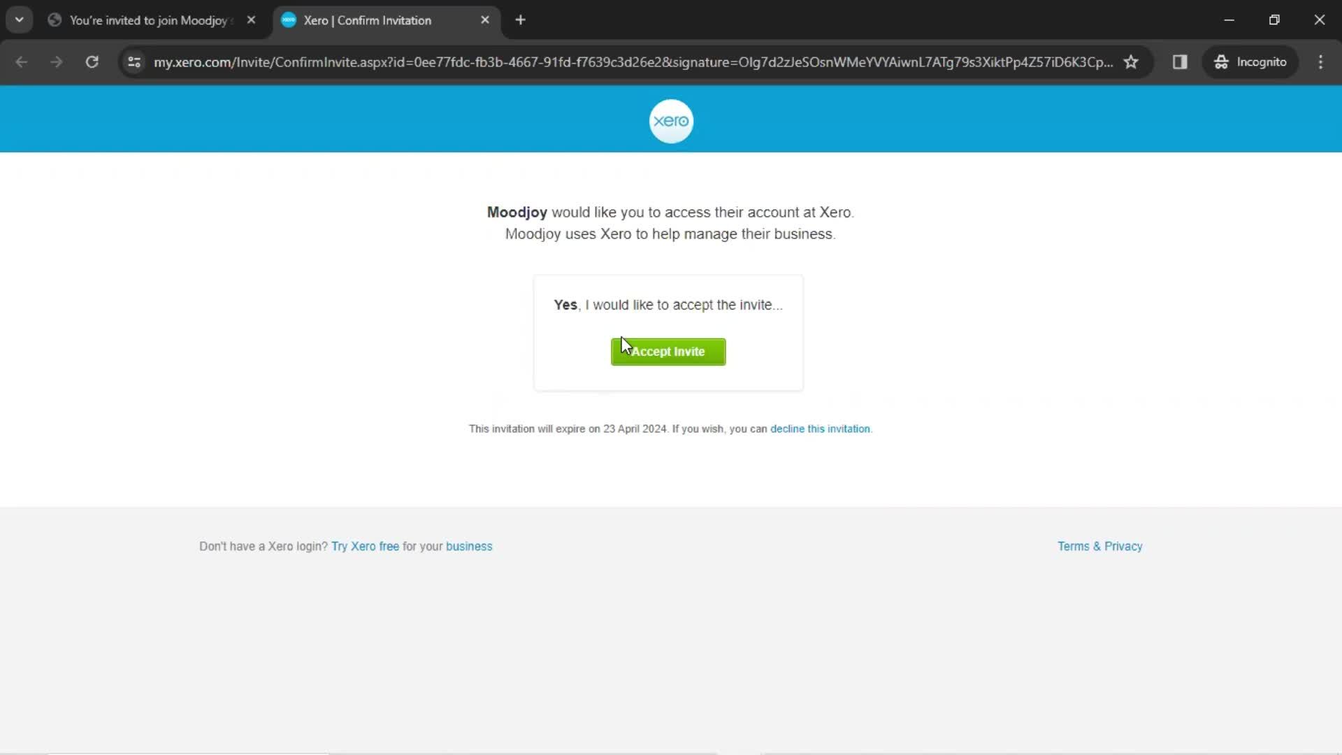 Accepting an invite screenshot