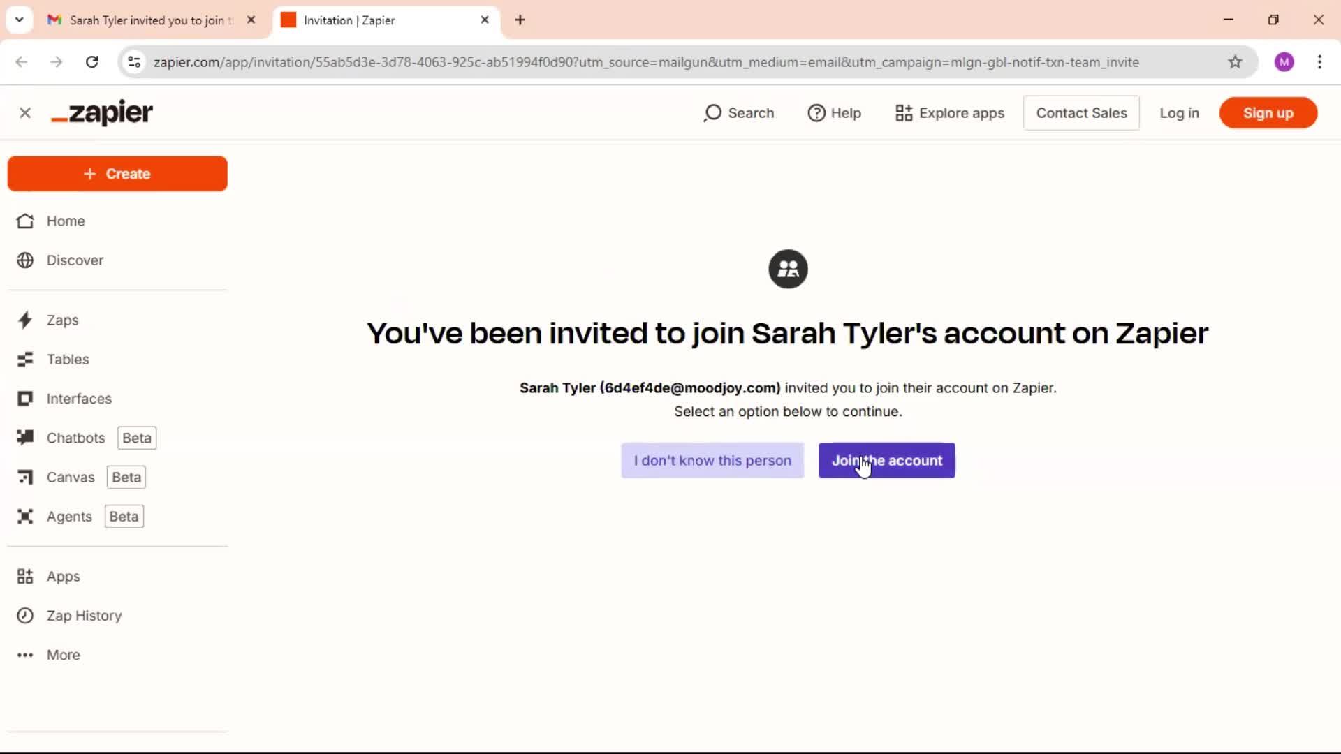 Accepting an invite screenshot