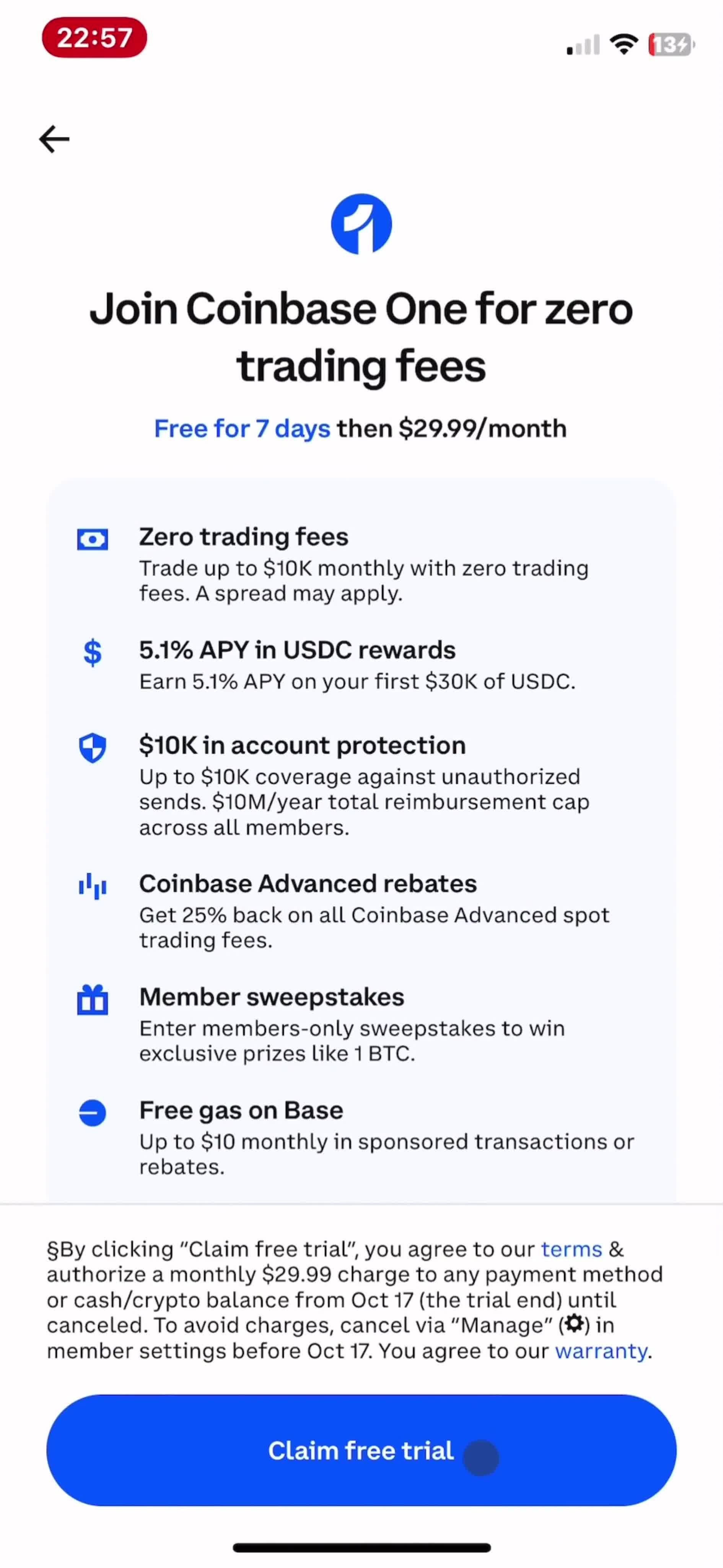 Activating coinbase one screenshot