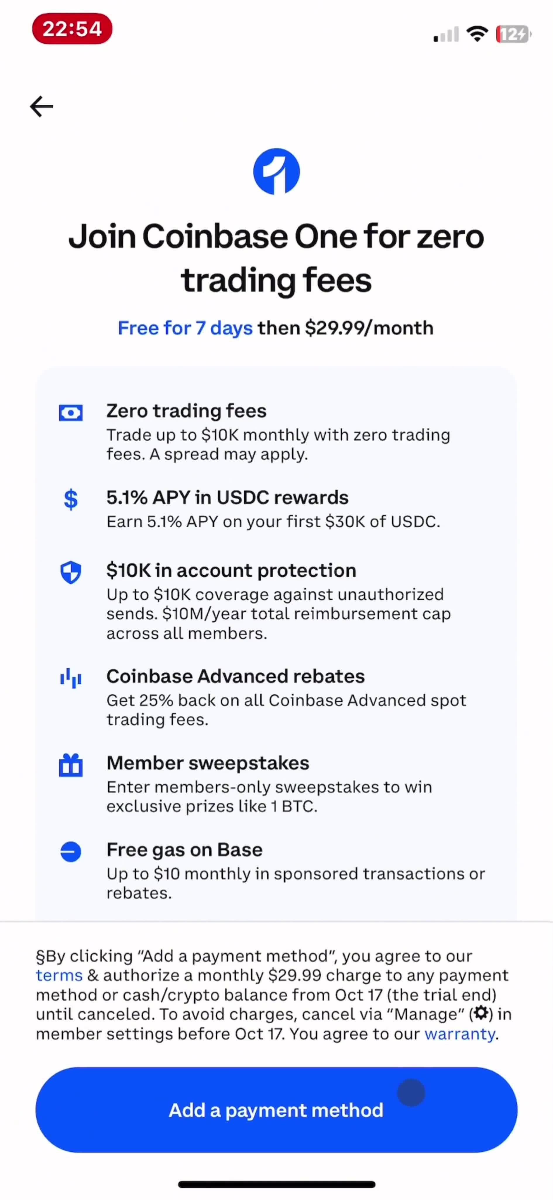 Activating coinbase one screenshot