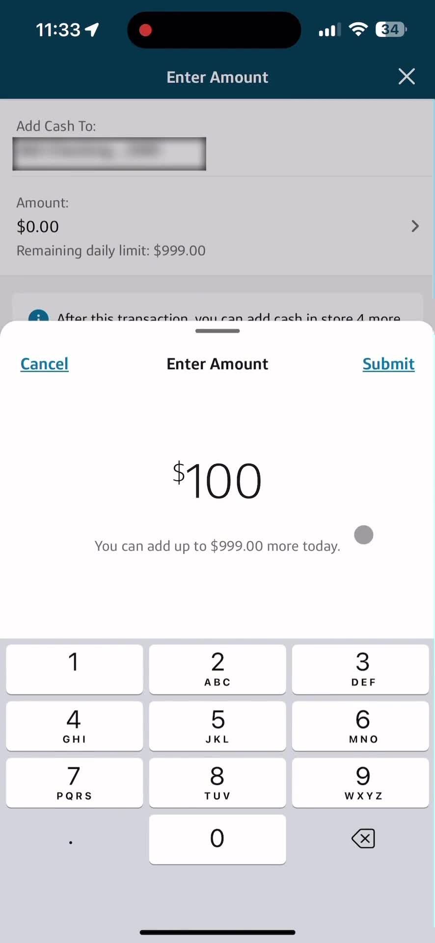 Adding cash in store screenshot