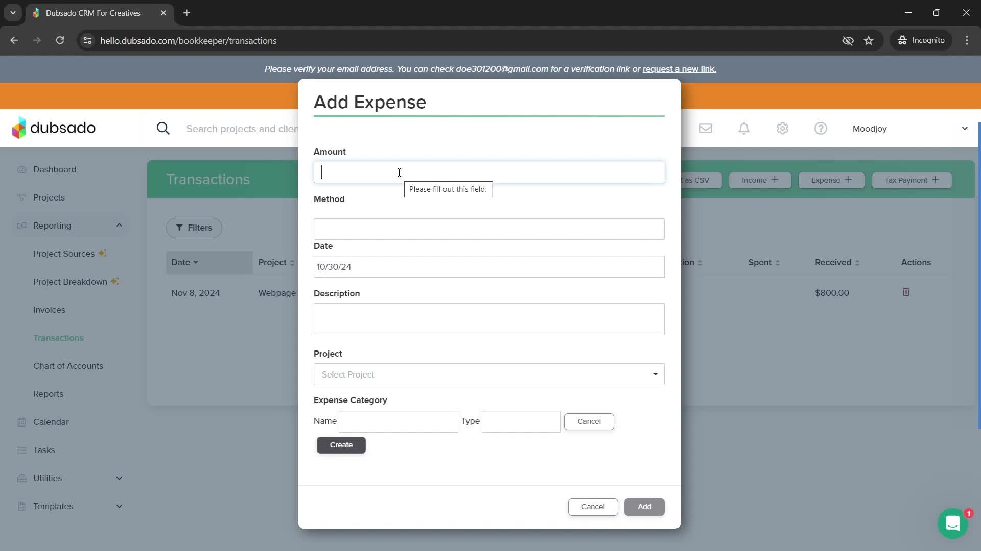 Adding expenses screenshot