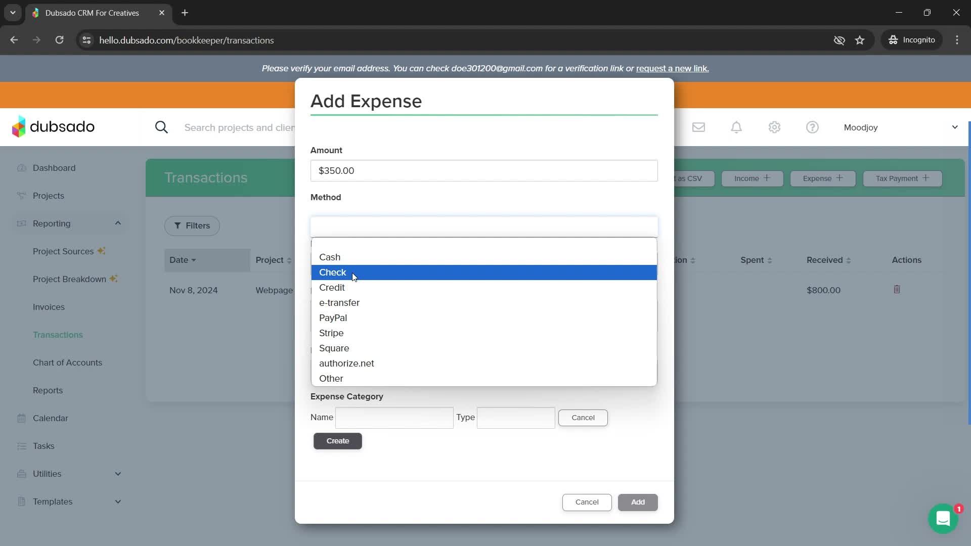 Adding expenses screenshot