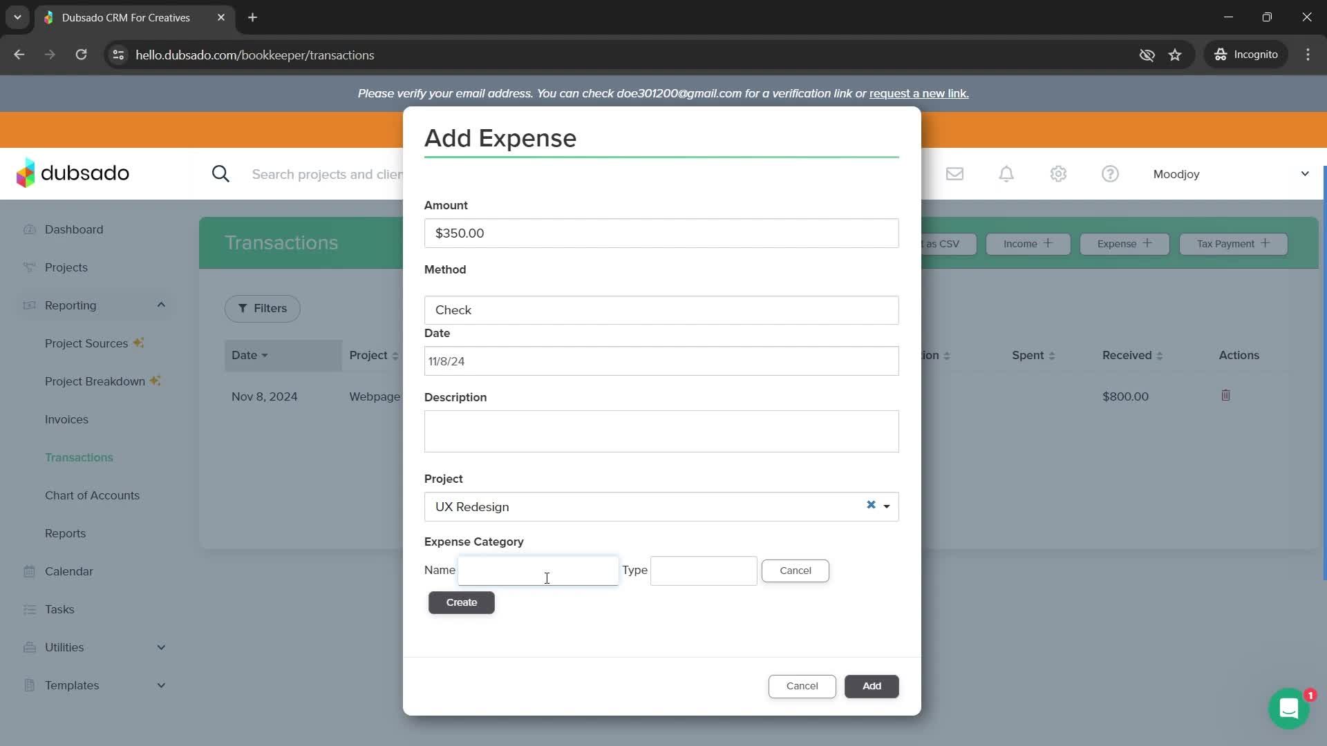 Adding expenses screenshot