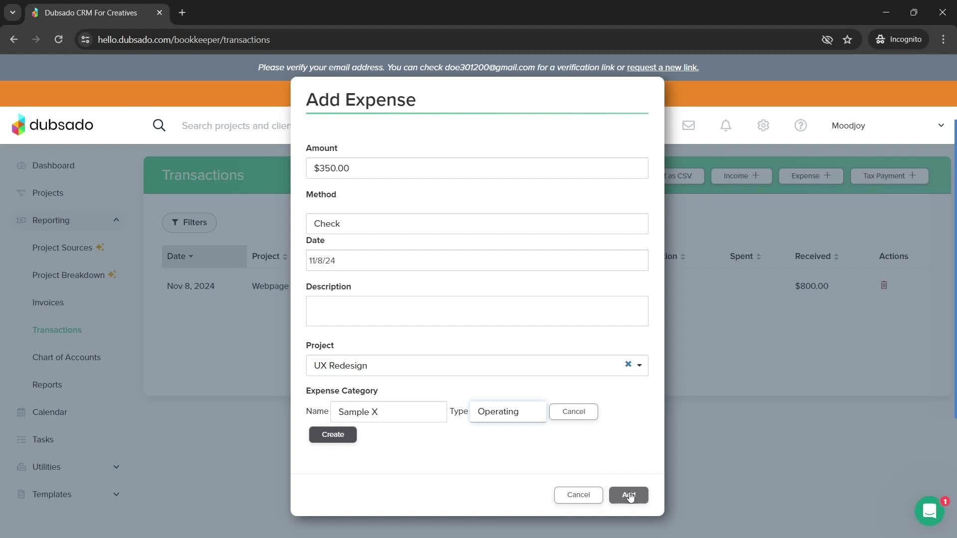 Adding expenses screenshot